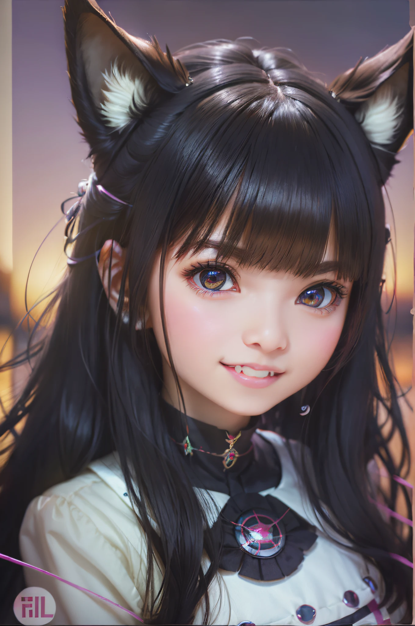 black hair, hair bobbles, wince, longeyelashes, solid circle eyes, fake animal ears, light smile, ear blush, fang, slender, flat chest, little girl, Surrealism, drop shadow, anaglyph, stereogram, tachi-e, pov, atmospheric perspective, 8k, super detail, ccurate, best quality