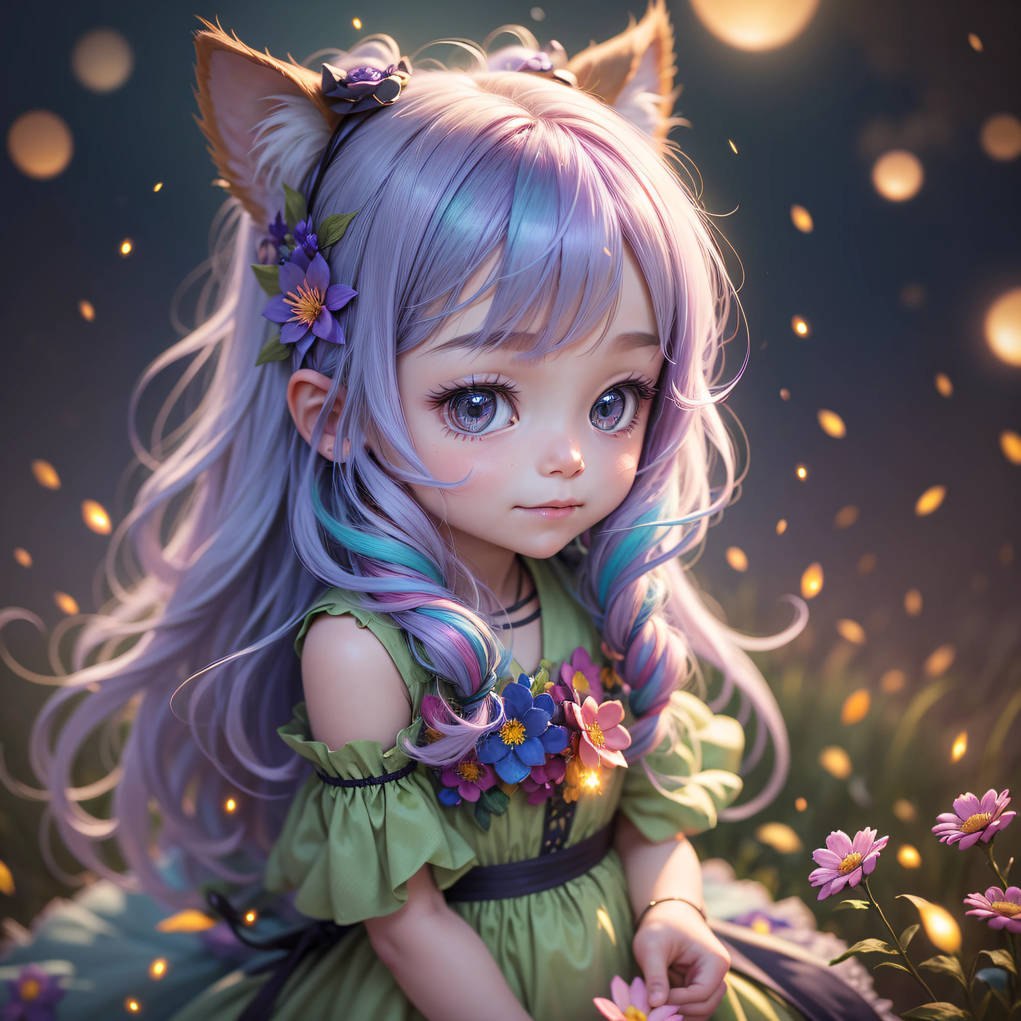 real , human, blurry foreground, close-up, bokeh, f/1.2, cinematic lighting, Mannerism, textured skin, UHD, masterpiece, retina, highres, award winning, best quality, high details, super detail, Night time, night light. a Chibi from Sky: Children of Light, vibrant warm smile, white nice teeth, long strand rainbow color hair, featuring vibrant colors and whimsical details, evoking a sense of wonder and magic. The color temperature is cool, very dark nighttime, standing in a herd of glowing beautiful fireflies that are lighting her up, while the Chibi wears a joyful expression. Soft lighting accentuates the character's charm and innocence. --v 5 --stylize 1000, fireflies, dynamic lighting, park, flowers, green grass, cute frock, glowing particles, glowing fireflies, dreamlike, dreamworks , magical world, --auto --s2