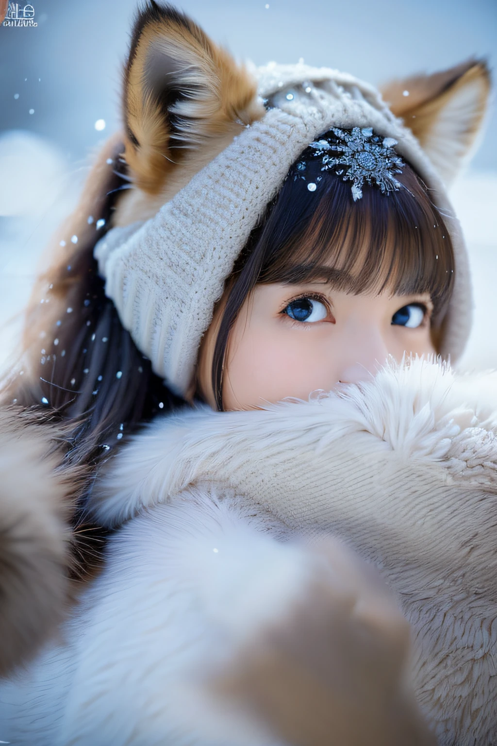 (Raw Photo: 1.2), (Photorealistic: 1.4), (Best Quality: 1.4), (Ultra High Resolution: 1.2), (High Detail: 1.3), (HDR: 1.2), (Cinematic Lighting: 1.3), (Eye Detail), (Detailed Facial Features), (Detailed Fur), (Snow Background: 1.2), 1girl, Cute Little Fox girl, Standing Pose, (3/4 Body Portrait: 1.2), (Fluffy Tail: 1.2), (Soft Fur: 1.2), (Charming: 1.2), (Looks at the Viewer), (Innocent Facial Expression), (Dreamy), (Fantastic: 1.3), (ethereal: 1.3), (magical: 1.2), (snowflakes: 1.2), (winter wonderland:1.3), (whimsical:1.2), (playful:1.2)., (Soft Lighting)