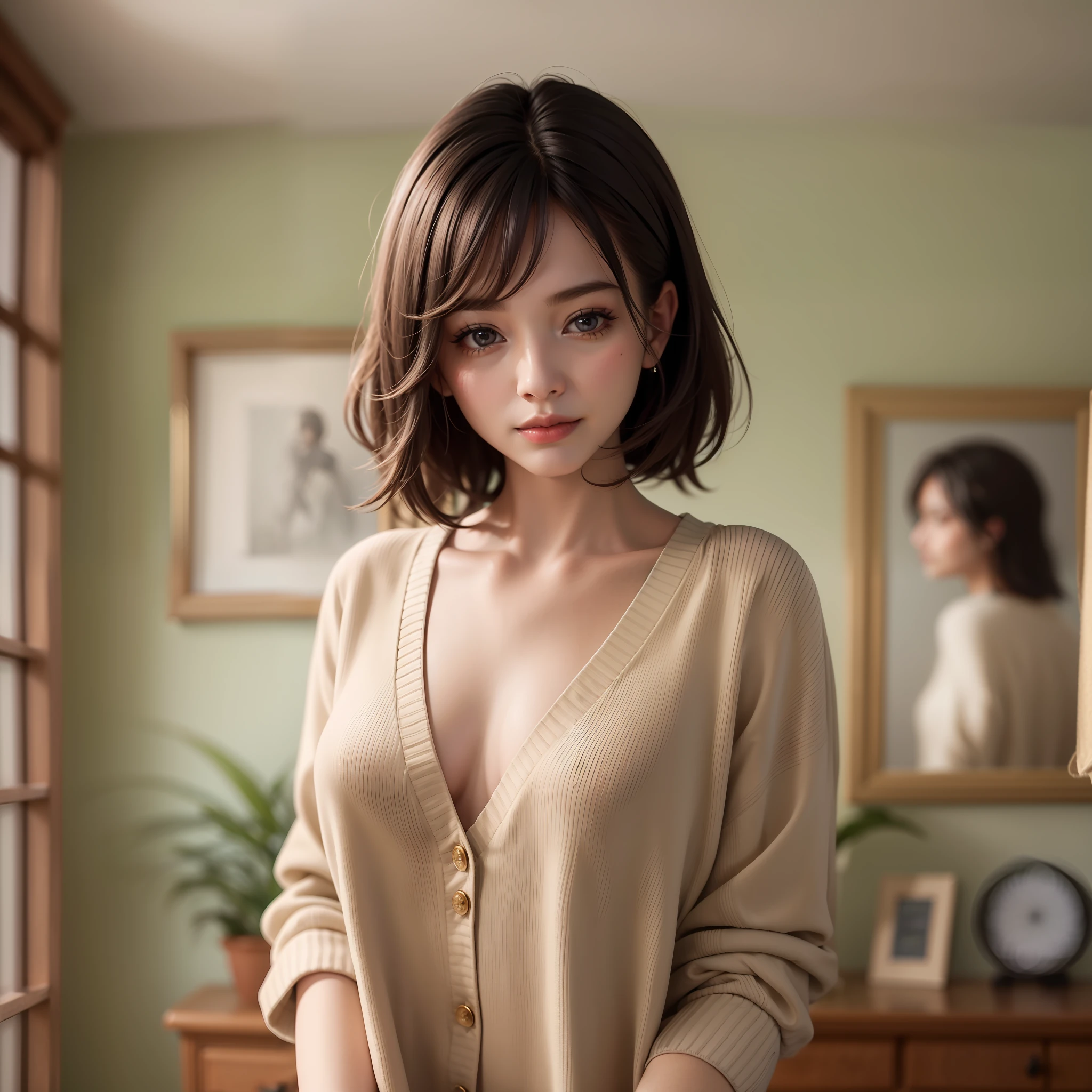 a super beautiful young woman, 22 years old, standing in a bedroom with bright lights. She has a beautiful and delicate face with a smile that lights up the room. Her big eyes are smart and spiritual, and her collarbone is delicate. She is wearing a cardigan waistless shirt and tong, showcasing her perfect body. The scene is captured in high resolution, with super realistic details. It is a true masterpiece, showcasing the elegant and generous beauty of the young woman.