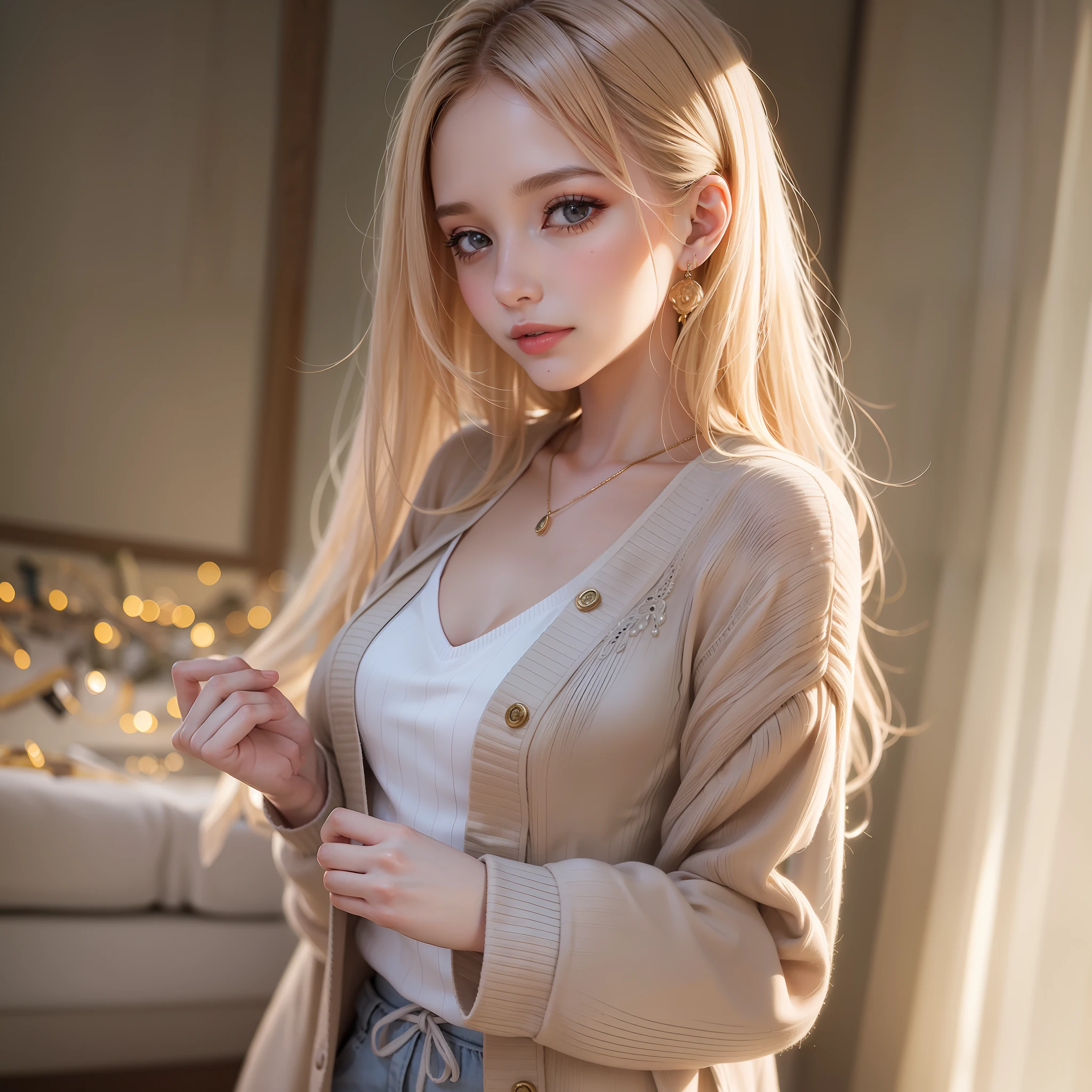 a super beautiful young woman, 22 years old, standing in a bedroom with bright lights. She has a beautiful and delicate face with a smile that lights up the room. Her big eyes are smart and spiritual, and her collarbone is delicate. She is wearing a cardigan waistless shirt and tong, showcasing her perfect body. The scene is captured in high resolution, with super realistic details. It is a true masterpiece, showcasing the elegant and generous beauty of the young woman.