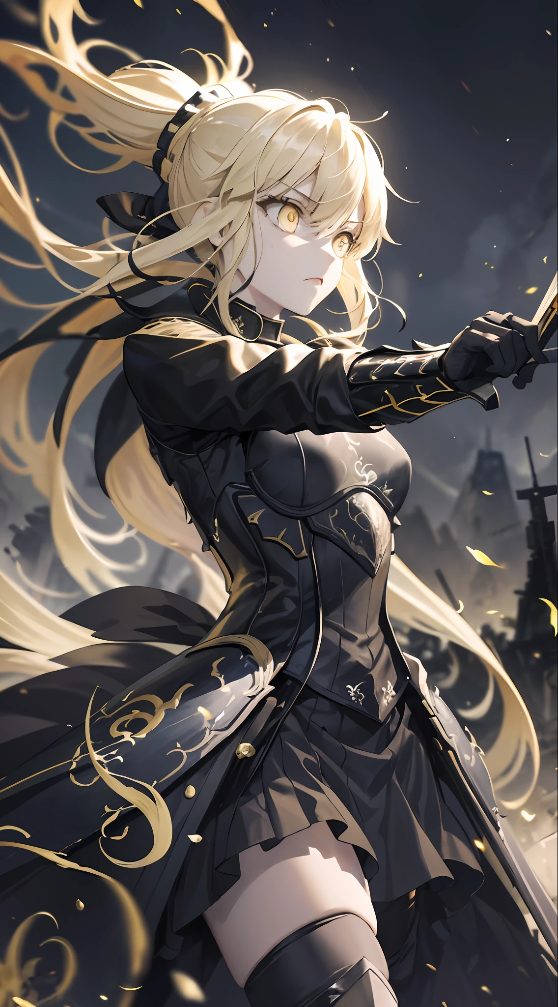 The scene is set in a dark and intense mood with powerful and mysterious lighting. The protagonist is wearing black armor and has long yellow hair with golden highlights. Their fierce expression perfectly matches the battlefield scenery. In a dramatic pose, the protagonist raises their sword high for a striking imagery