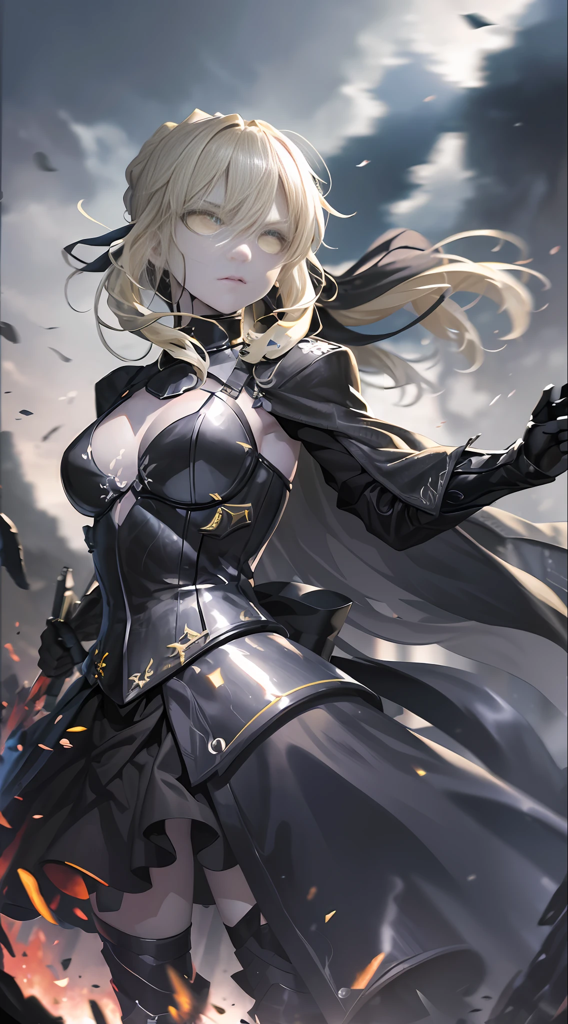 The scene is set in a dark and intense mood with powerful and mysterious lighting. The protagonist is wearing black armor and has long yellow hair with golden highlights. Their fierce expression perfectly matches the battlefield scenery. In a dramatic pose, the protagonist raises their sword high for a striking imagery