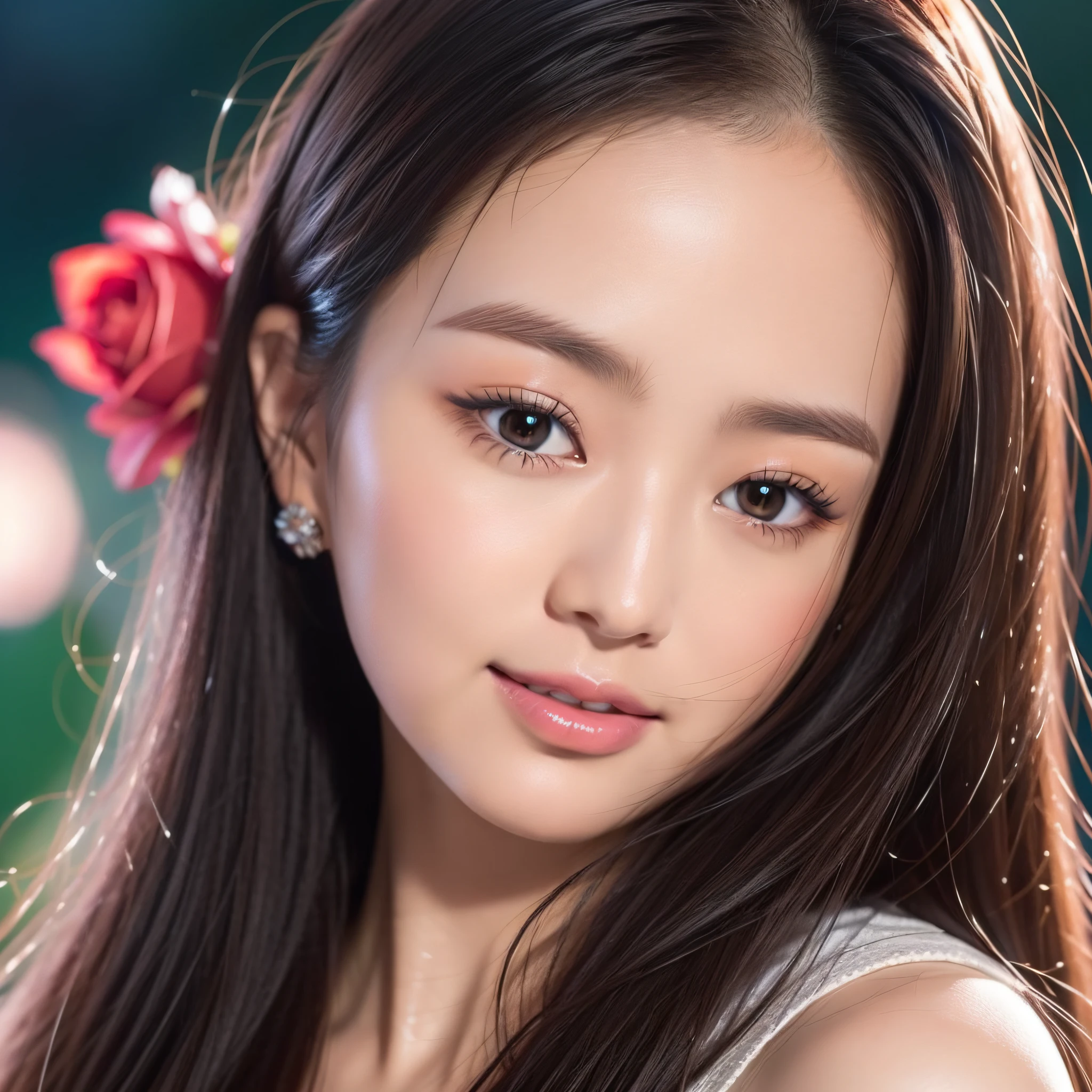 Beautiful Japan woman, nice perfect face with soft skin, small face with nose and rose-like lips, beautiful eyes, beautiful smile. Black thin long beautiful hair bathed in a vivid etheric glow, facing front in the center, extreme close-up shot, black t-shirt, bright colorful background, photorealistic, masterpiece, highest quality, super detail, HDR, 8K