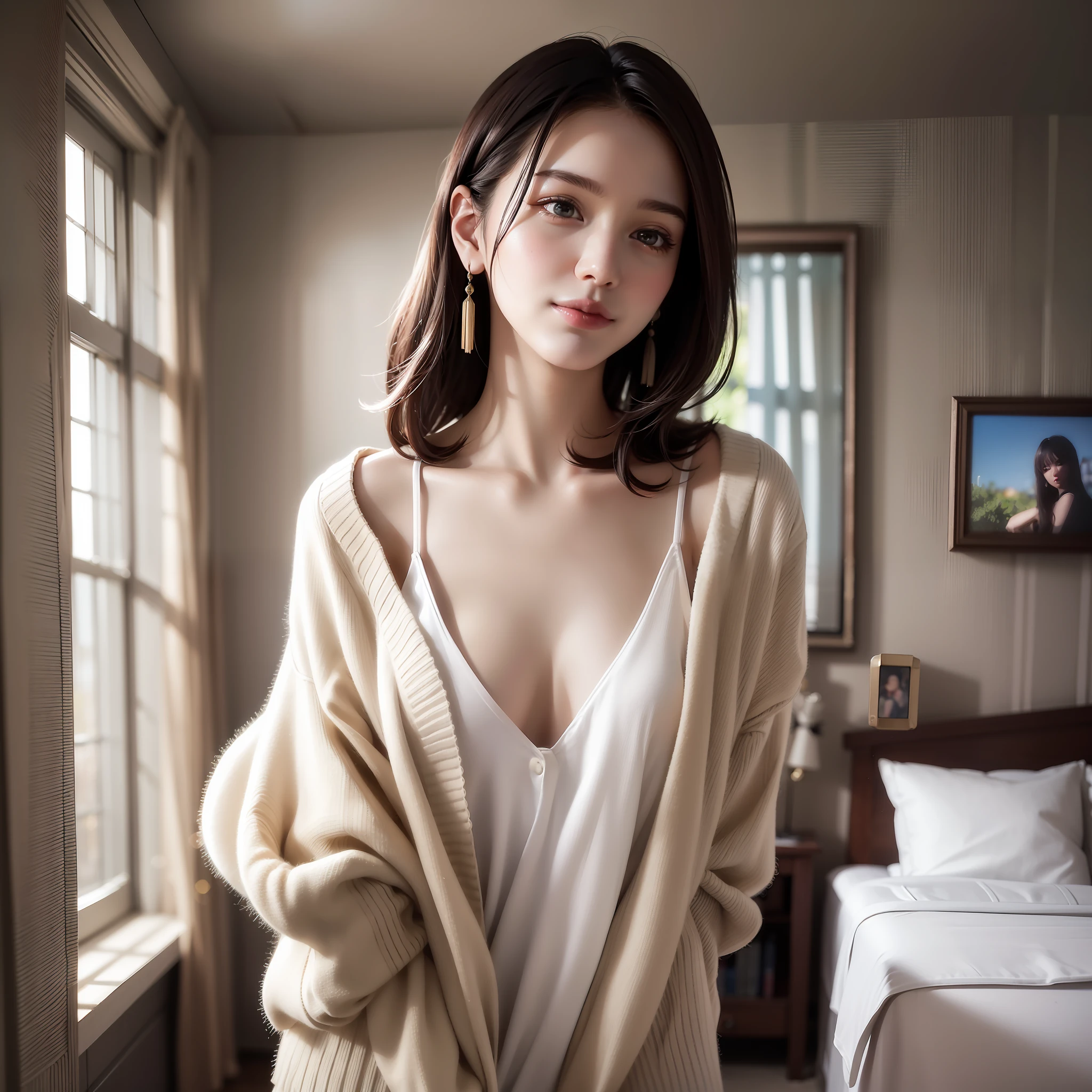 a super beautiful young woman, 22 years old, standing in a bedroom with bright lights. She has a beautiful and delicate face with a smile that lights up the room. Her big eyes are smart and spiritual, and her collarbone is delicate. She is wearing a cardigan waistless shirt and tong, showcasing her perfect body. The scene is captured in high resolution, with super realistic details. It is a true masterpiece, showcasing the elegant and generous beauty of the young woman.