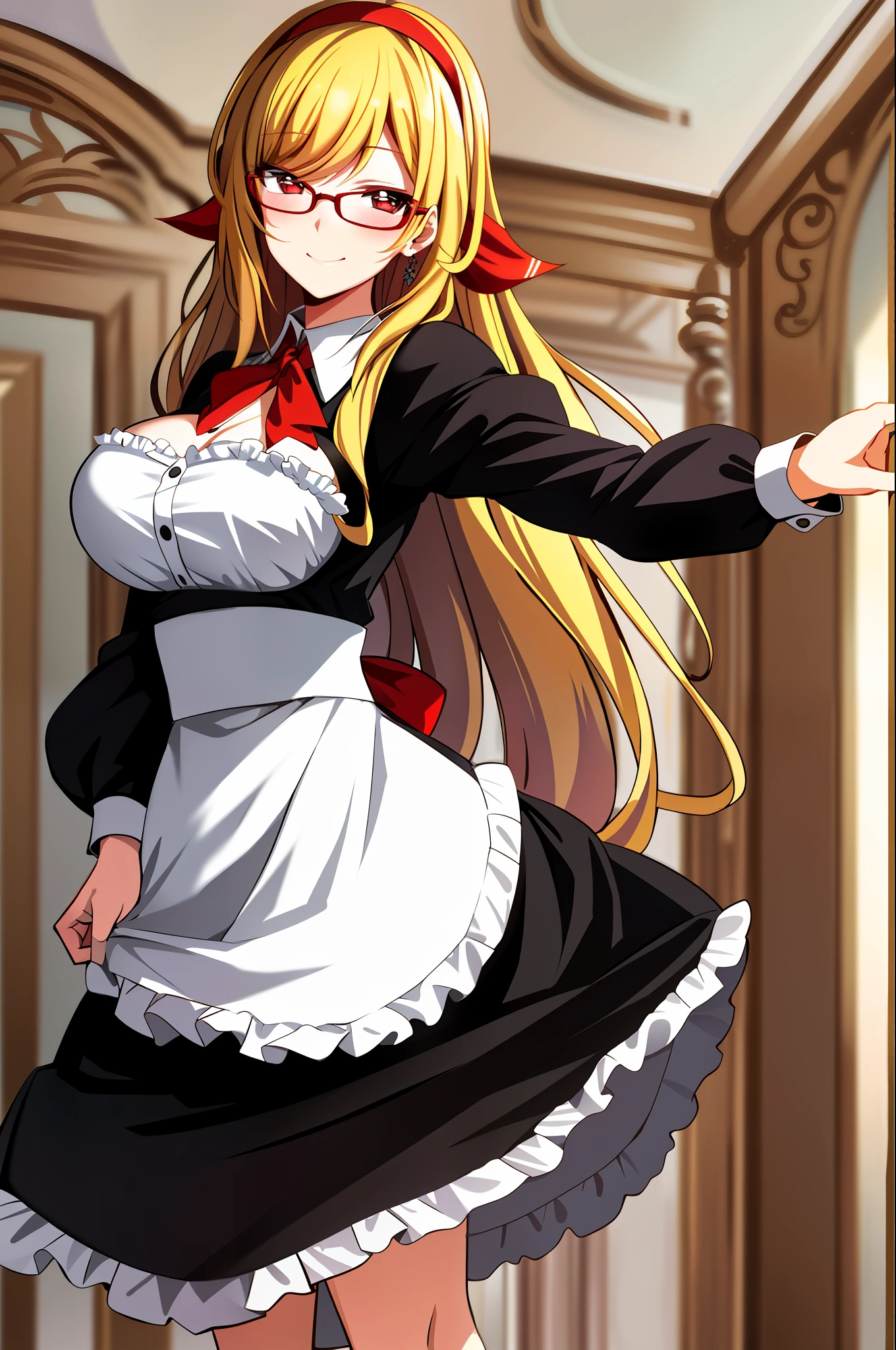 2d, masterpiece, best quality, anime, highly detailed face, highly detailed eyes, highly detailed background, perfect lighting, 1girl, solo, kaela kovalskia, eyewear on head, red hairband, large breasts, blush, stocking, maid dress, standing, indoor, safe for work, sfw,