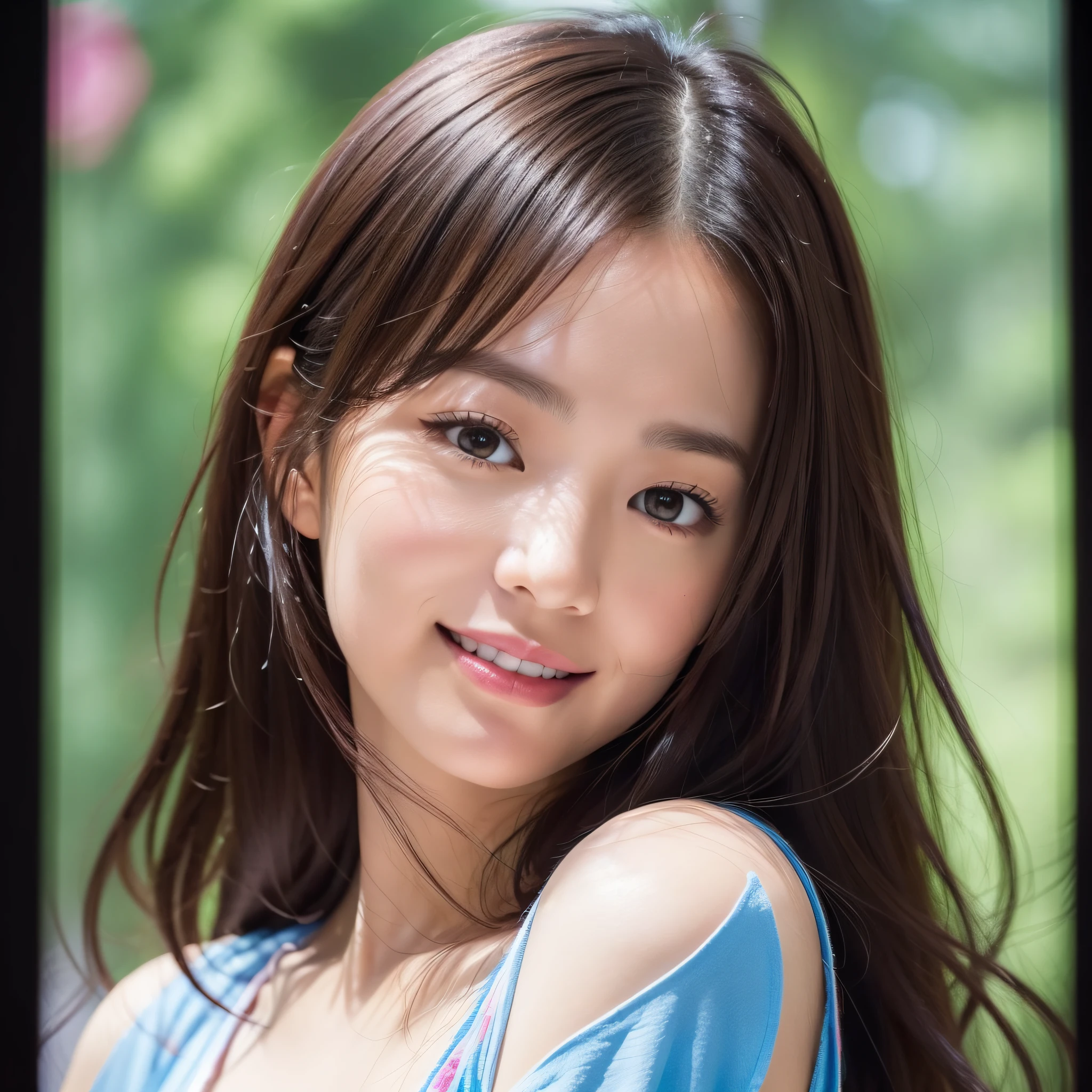 Beautiful Japan woman, nice perfect face with soft skin, small face with nose and rose-like lips, beautiful eyes, beautiful smile. Black thin long beautiful hair bathed in a vivid etheric glow, facing front in the center, extreme close-up shot, black t-shirt, bright colorful background, photorealistic, masterpiece, highest quality, super detail, HDR, 8K
