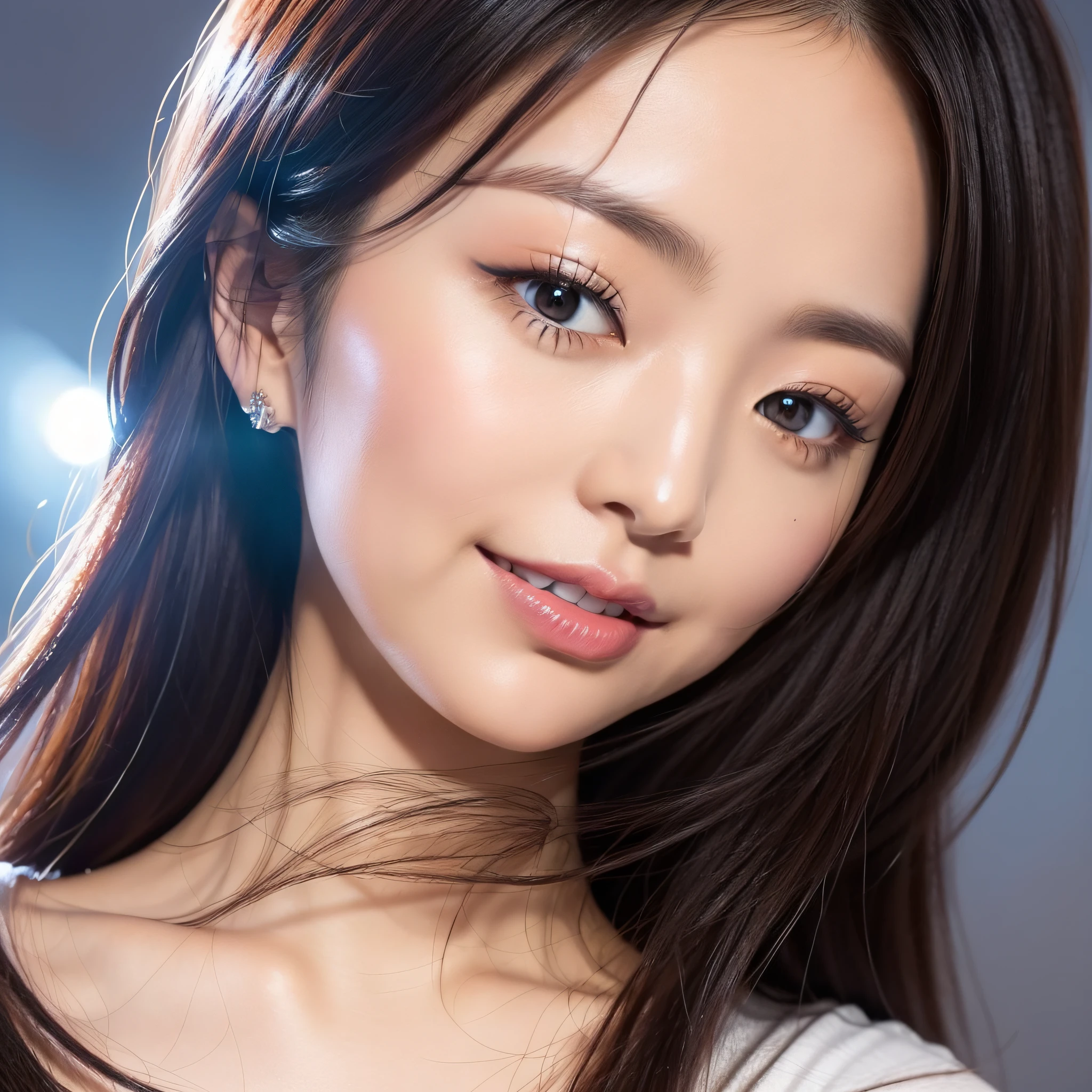 Beautiful Japan woman, nice perfect face with soft skin, small face with nose and rose-like lips, beautiful eyes, beautiful smile. Black thin long beautiful hair bathed in a vivid etheric glow, facing front in the center, extreme close-up shot, black t-shirt, bright colorful background, photorealistic, masterpiece, highest quality, super detail, HDR, 8K