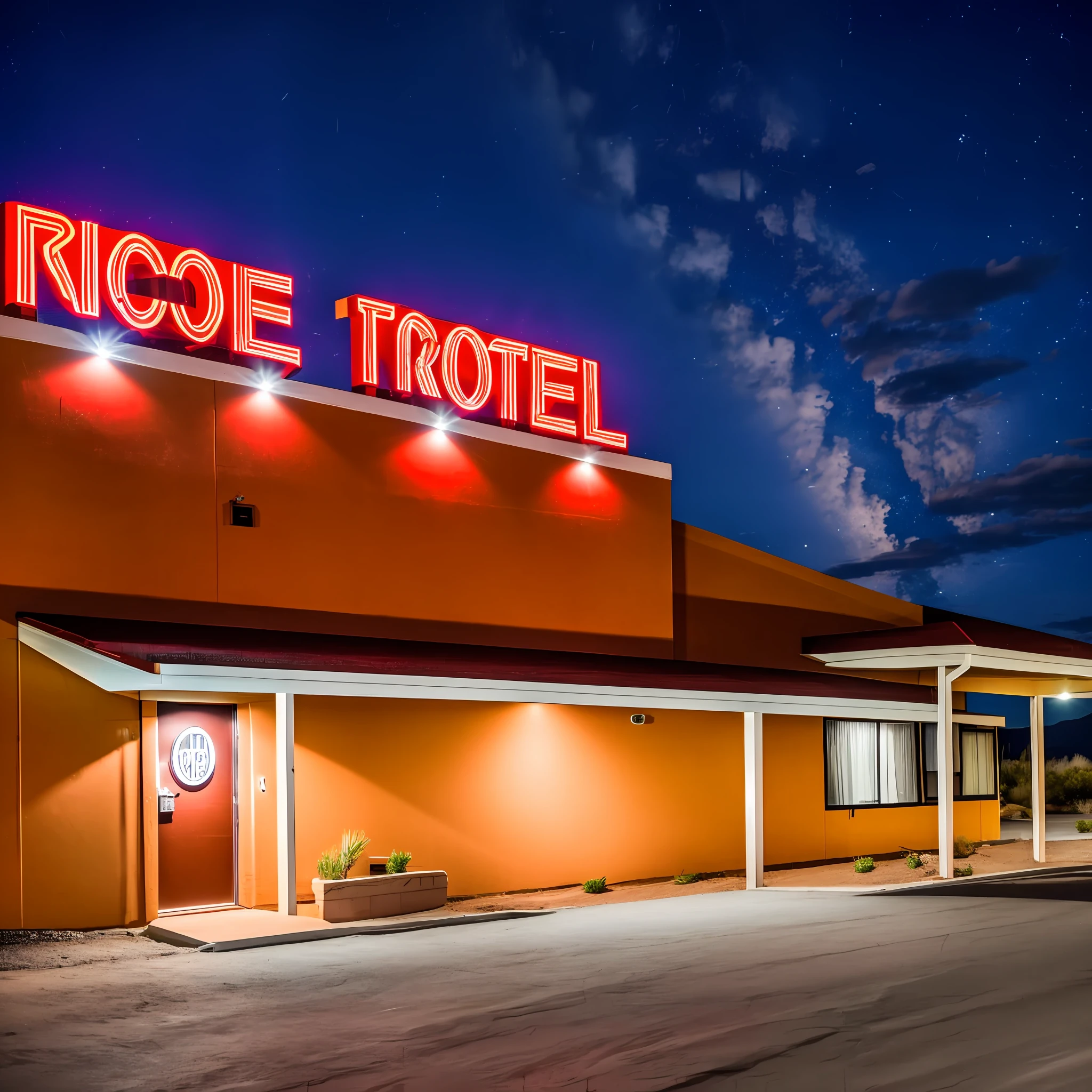 Cheap motel "Red Rock" on the highway at night