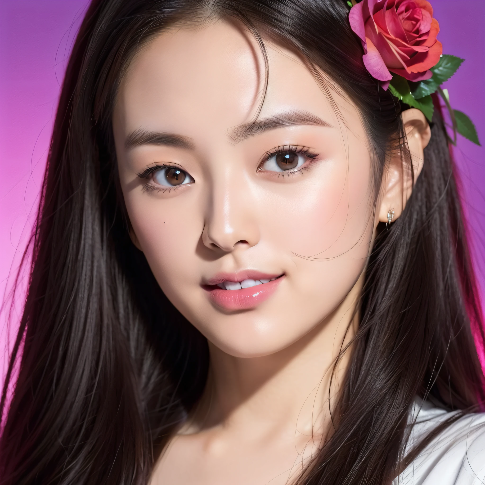 Beautiful Japan woman, nice perfect face with soft skin, small face with nose and rose-like lips, beautiful eyes, beautiful smile. Black thin long beautiful hair bathed in a vivid etheric glow, facing front in the center, extreme close-up shot, black t-shirt, bright colorful background, photorealistic, masterpiece, highest quality, super detail, HDR, 8K
