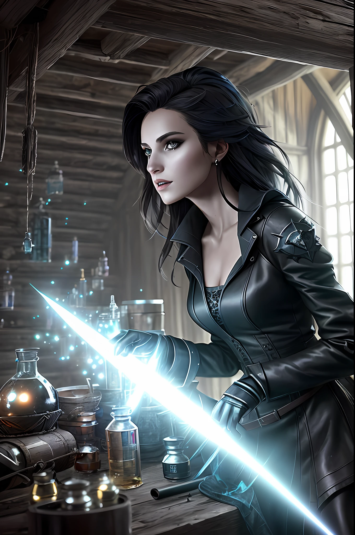 by Greg Rutkowski, modelshoot style, (extremely detailed CG unity 8k wallpaper), an evil beautiful witch is doing chemical experiments in an old abandoned medieval hut with black magic and a lot of alchemical test tubes, dark fantasy style, masterpiece, highest quality, lens flare, shade, bloom, [[chromatic aberration]],  digital painting ,ultra-detailed ,  sharp focus, vivid colors