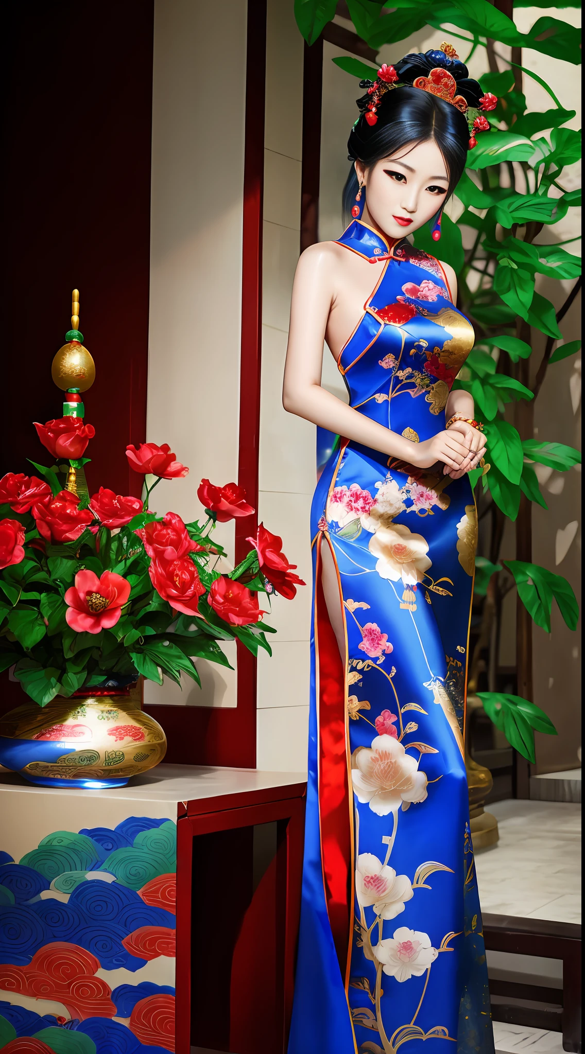 Araki woman in dress, cheongsam, gorgeous chinese model, chinese girl, chinese woman, chinese costume, wearing elegant dress, chinese style, traditional beauty, wearing blue cheongsam dress, chinese traditional costume, asian woman, gorgeous lady, with ancient chinese costume, beautiful asian girl