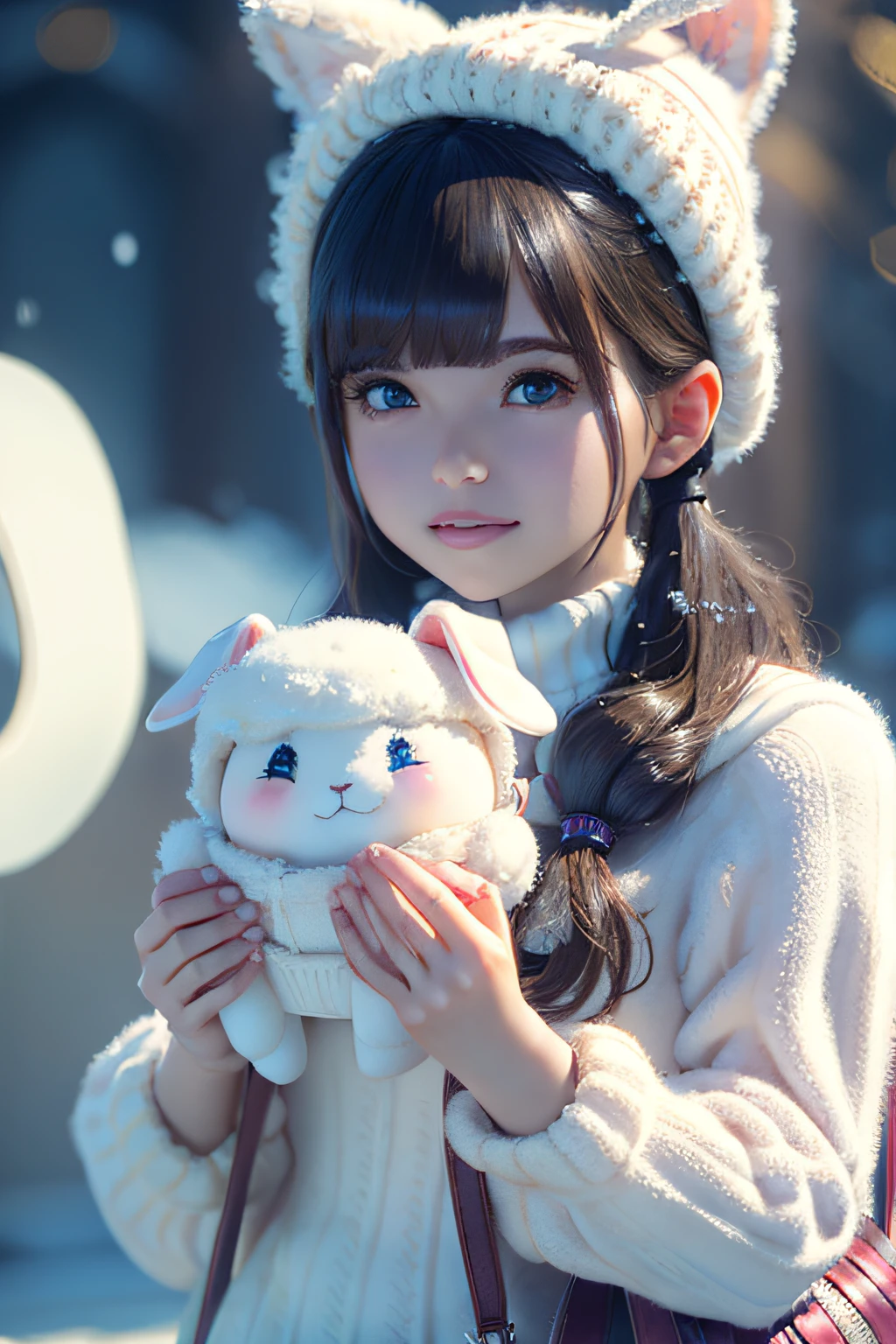 a cute little rabbitsnowwhite fluffy, big bright eyes, sweet smile, sweet smile, sweet smile, dressed as a fashion goddess, wearing an red sweater, hat and handbag, snowwhite fluffy, big bright eyes, bright big eyes, standing, fluffy tail, winter rising, flowers and snow gently fluttering, extremely detailed 3d animation rendering symmetrical center position, super lifelike, super detailed, luxurious, 3, movie lights, super clear details, super transparent materials, closeup, complex texture, octane rendering, zbrush, super realistic ureal v 4, 8k