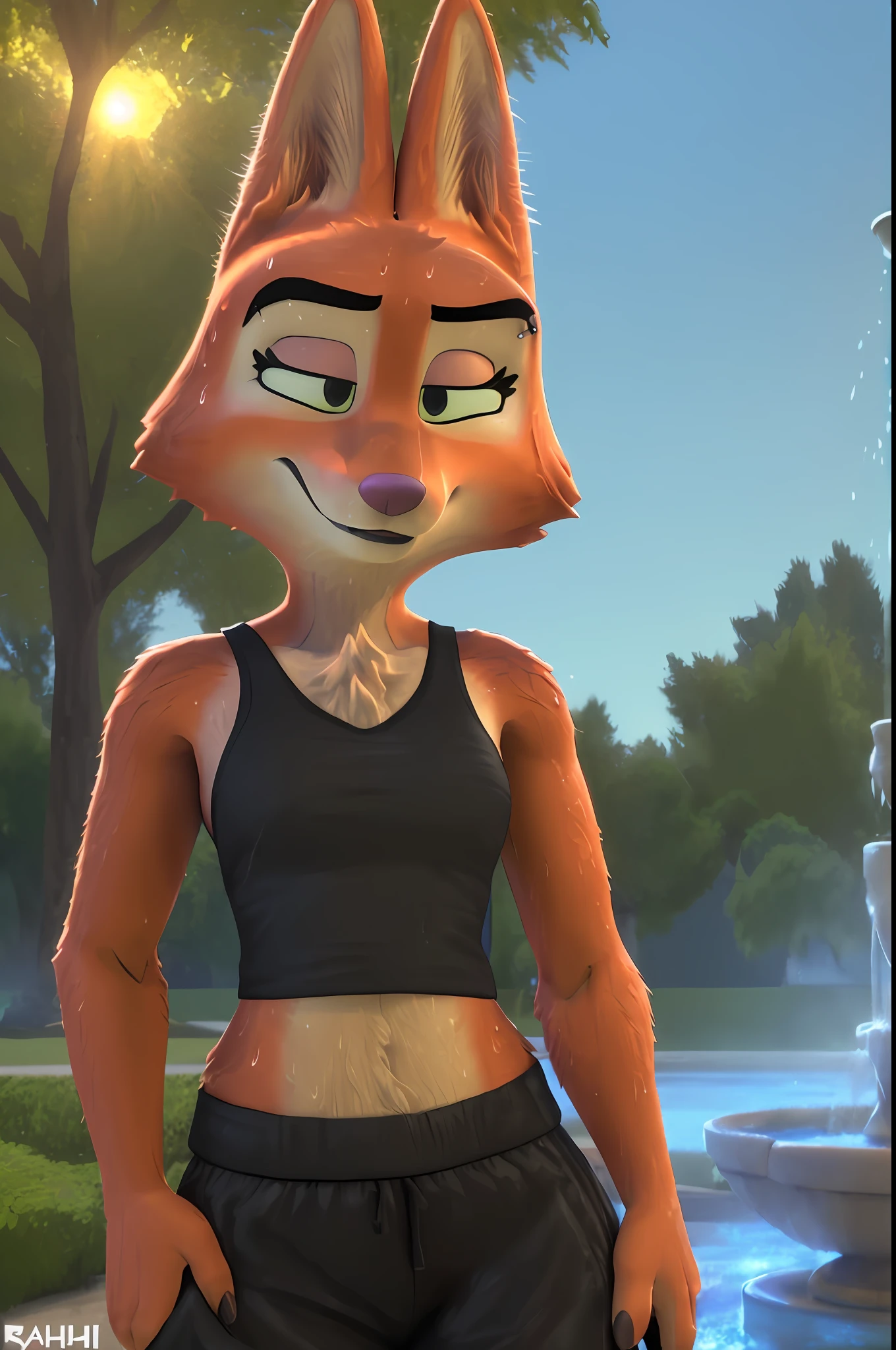 [Diane Foxington from Dreamworks The Bad Guys], [Uploaded to e621.net; (Foxovh), (Pixelsketcher)], ((masterpiece)), ((solo portrait)), ((furry; antrho fox girl)), ((detailed fur)), ((raytracing)), ((detailed shading)), ((beautiful 3D art)), {anthro fox; (orange fur, pink nose, pointed ears), clear brown eyes, (tired expression; sweat on face), ((black tank top; wet, sweaty), small boobs, red jogging shorts), (eye piercing; LEFT eye}, (jogging; attractive pose), [background; park; (trees, fountain, sun rays through leaves)]
