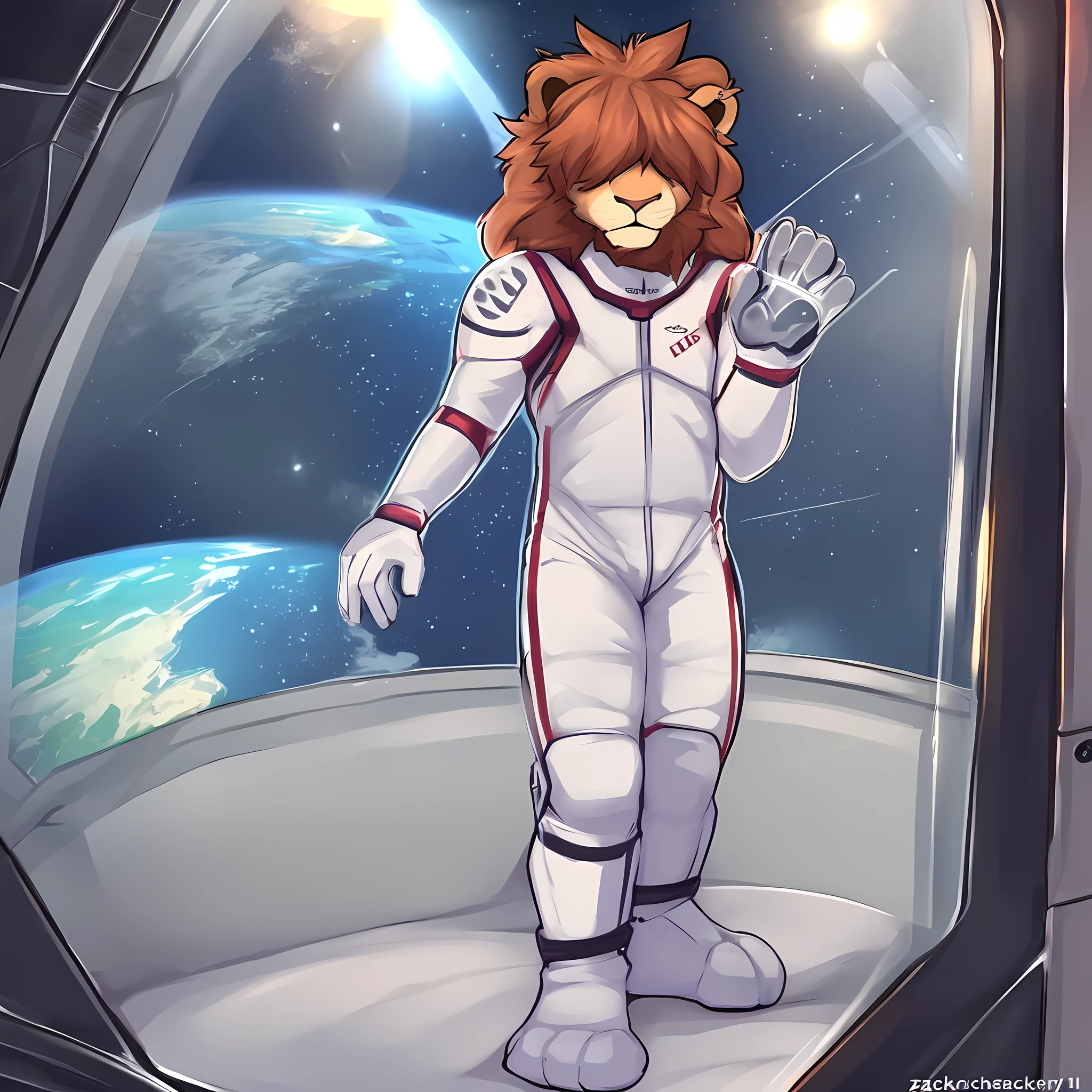 thin male solo cartoon lion by zackary911 wearing clothes Paws instead of hands and feet paws visible floating in open space full spacesuit glass helmet earth in background, blue eyes, smiling, deep dark blue eyes, brown mane, (big circle eyes:1.2), shining eyes, smiling, full mane, happy, canines showing, wide eyes, happy, smiling