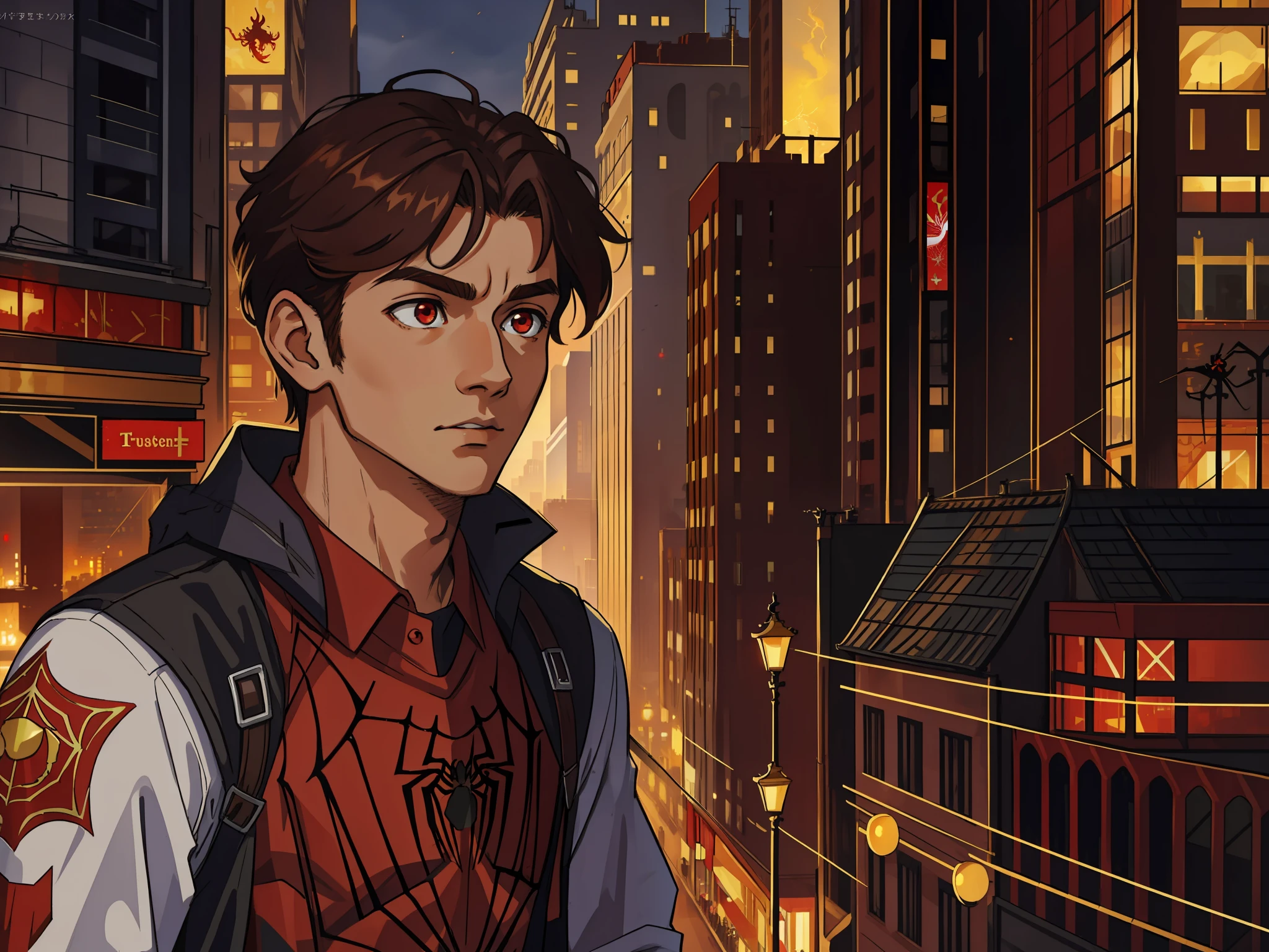 (masterpiece, best quality), intricate details, 8k, artstation, wallpaper, official art, splash art, sharp focus,
medium hair, hair split in the middle, red eyes, brown hair, 
 spider suit, spider web printing, spider web,  
skyscrapers, city, buildings, cars, street, focus boy, boy