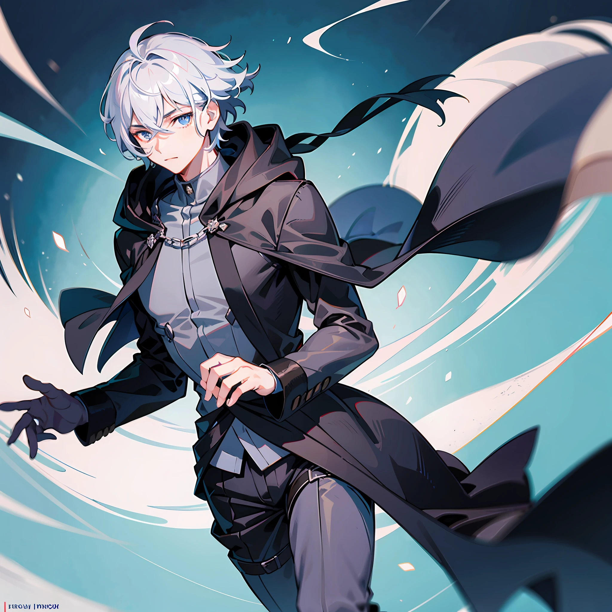 Create an image of a 19-year-old adult man with dignified and charismatic gray short hair. His hair can be styled in a more natural way, perhaps partially tied or gently flowing in the wind. His eyes are black, conveying firmness and wisdom. He wears clothing that portrays a knightly vibe, although he is currently not on duty. The attire he wears is all-black, with a flowing cloak behind him, reflecting elegance and mystery.