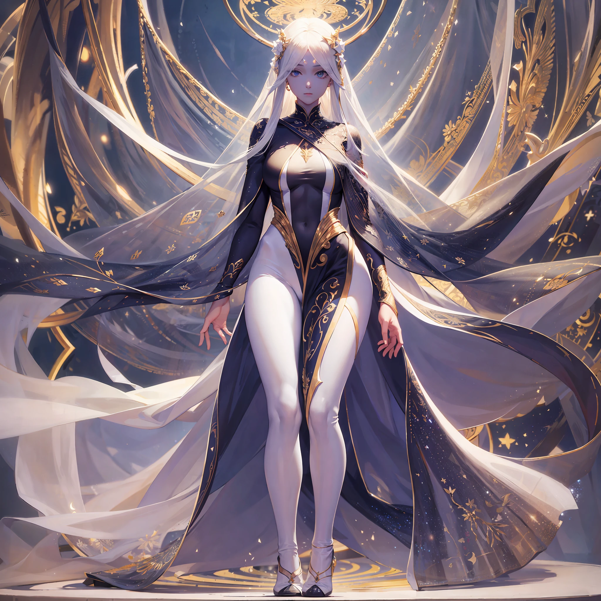 Masterpiece, a beautiful void goddess, full body white transparent clothes standing under empty night stars, disappearing transparent pants, full body standing, tall figure, slender legs, facial details, detailed body part details, 8k wallpaper