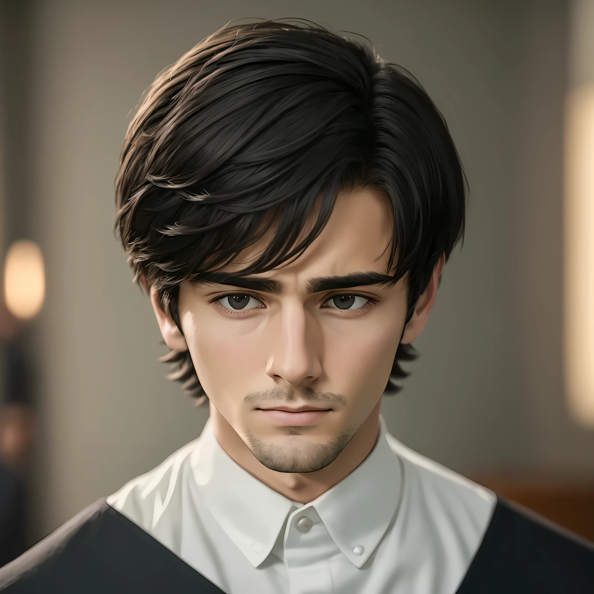 Excellent, (face), (a young handsome man wearing rest clothes), (short black hair), (cold expression), (head facing the picture), (background inside the senior funeral home) 4K, clean 8k, (show half) --auto --s2