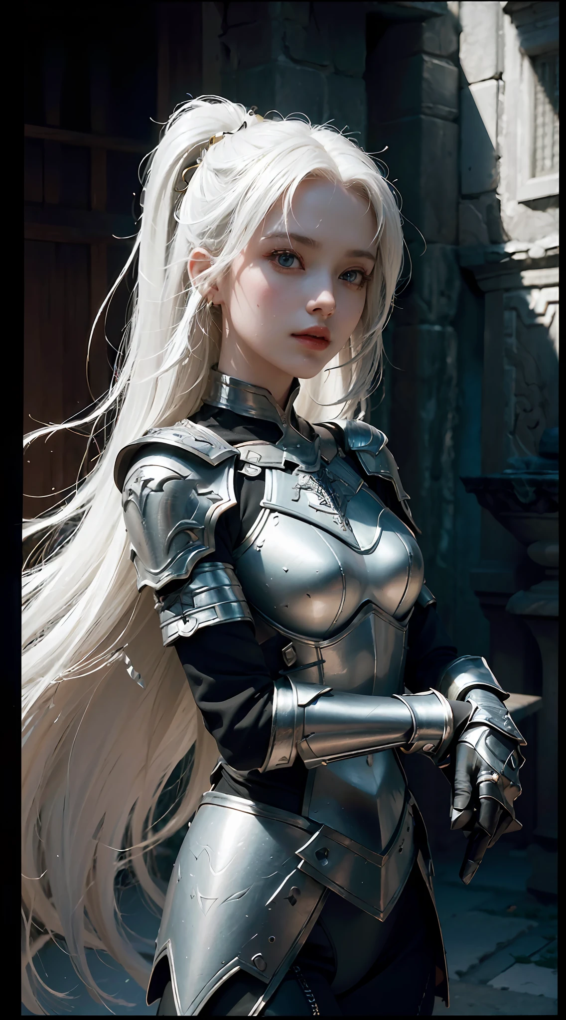((Best Quality)), ((Masterpiece)), (Details: 1.4), 3D, A Beautiful Female Knight, (Long White Hair: 1.9), (Red Eyes: 1.7), Wearing Armor, Sabre, Temple, HDR (High Dynamic Range), Ray Tracing, NVIDIA RTX, Super-Resolution, Unreal 5, Subsurface Scattering, PBR Texture, Post-processing, Anisotropic Filtering, Depth of Field, Maximum Sharpness and Clarity, Multi-layer textures, albedo and specular mapping, surface shading, accurate simulation of light-material interactions, perfect proportions, Octane Render, two-color light, large aperture, low ISO, white balance, rule of thirds, 8K RAW,