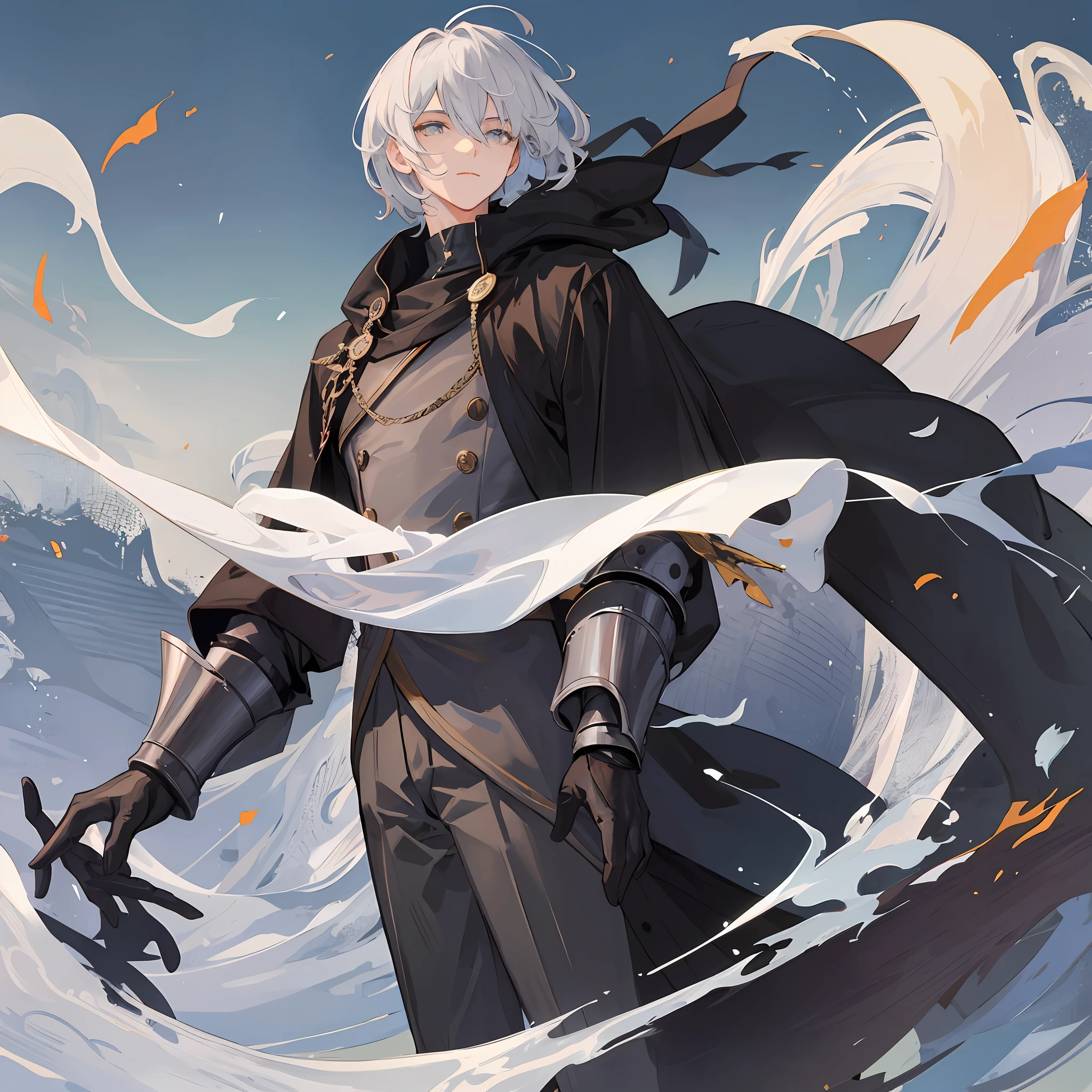 Create an image of a 19-year-old adult man with dignified and charismatic gray short hair. His hair can be styled in a more natural way, perhaps partially tied or gently flowing in the wind. His eyes are black, conveying firmness and wisdom. He wears clothing that portrays a knightly vibe, although he is currently not on duty. The attire he wears is all-black, with a flowing cloak behind him, reflecting elegance and mystery.