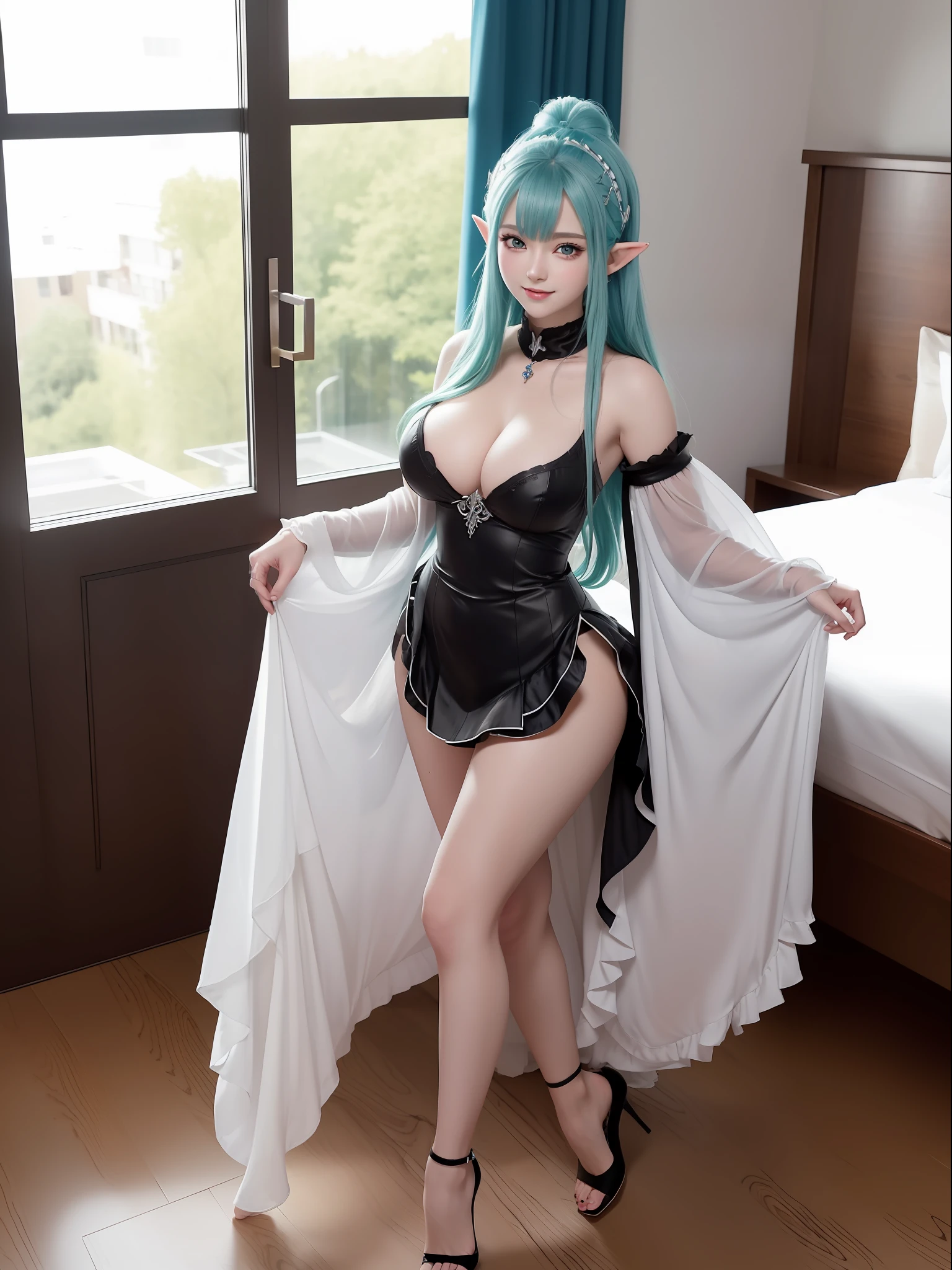 (Full body image:1.5), (Princess Zelda, standing, alone:1.2) ,(large breasts:1.5), (she's wearing black maid attire with very short white skirt/extremely tight outfit on her body/extremely exhibitionist:1.3), (she's inside a hotel room in front of a bed:1.3), she has (blue eyes, dark green mohawk hair:1.2), (she's smiling, looking at the viewer. exhibitionism pose:1.4), anime style, 16k, best quality, high details, textured skin, UHD, masterpiece, anatomically correct