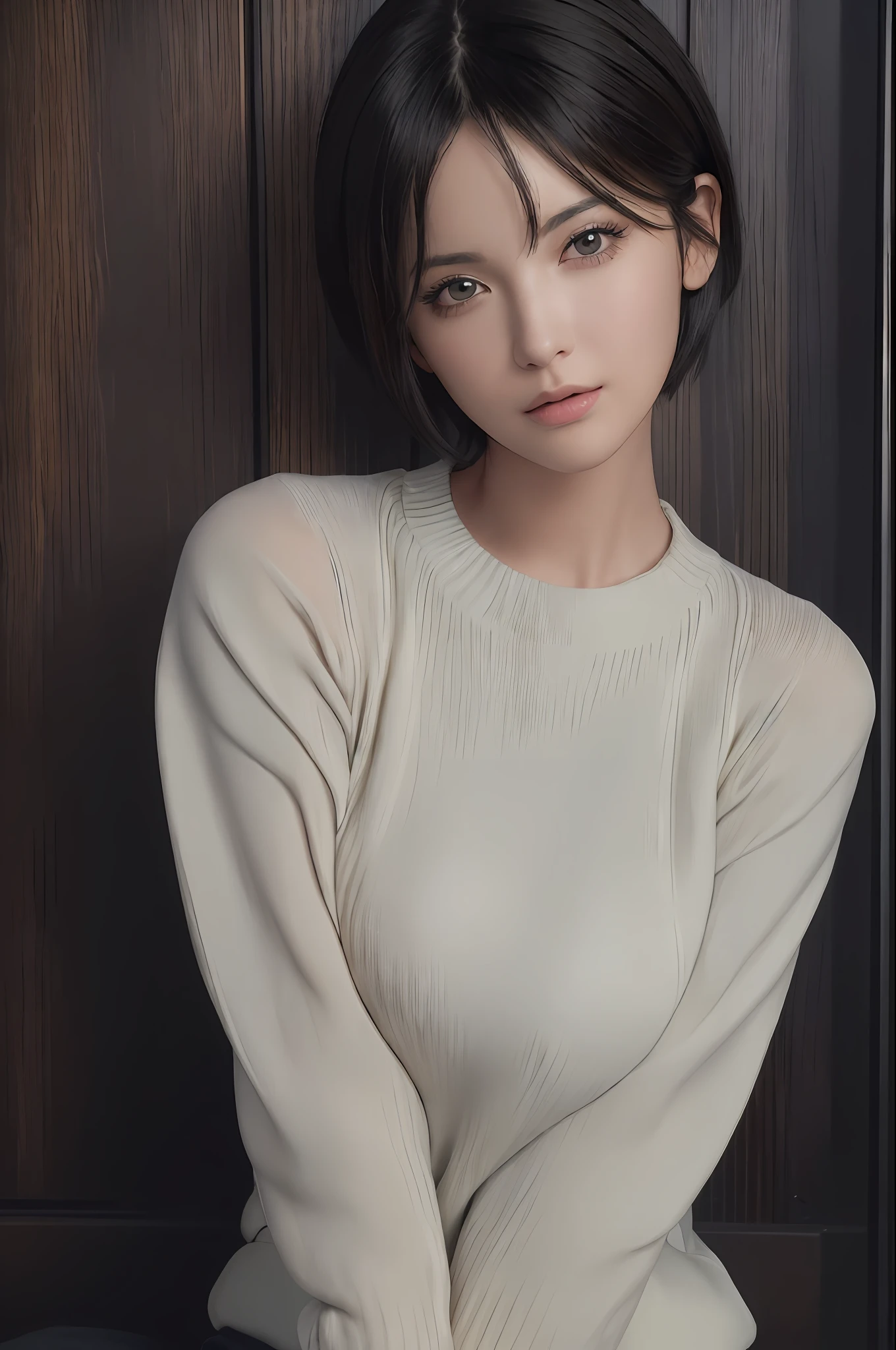 (masterpiece:1.3), (8k, photorealistic, RAW photo, best quality: 1.4), (1girl), beautiful face, (realistic face), (black hair, short hair:1.3), beautiful hairstyle, realistic eyes, beautiful detailed eyes, (realistic skin), beautiful skin, (sweater), absurdres, attractive, ultra high res, ultra realistic, highly detailed, golden ratio