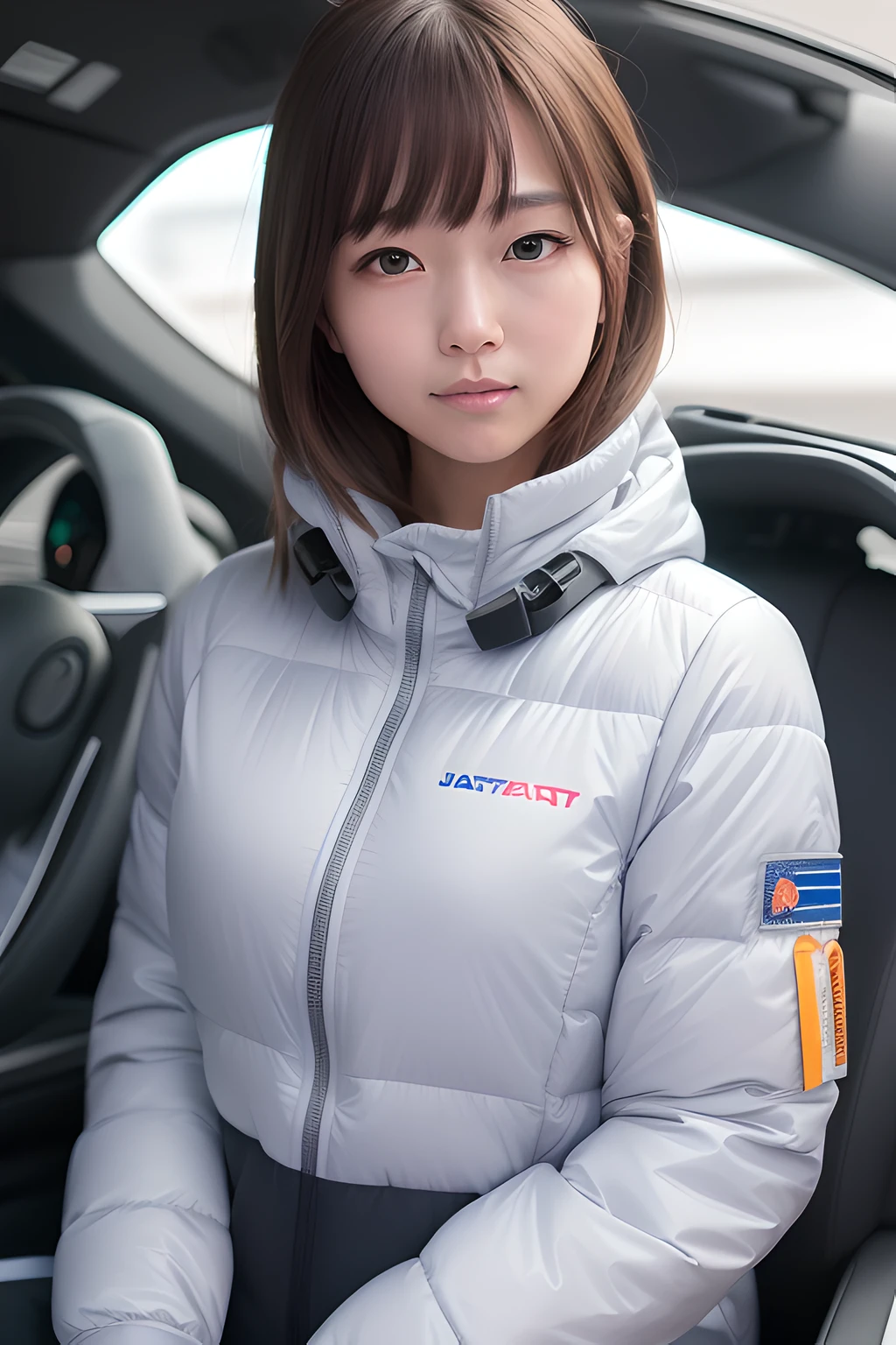 Wearing flight jacket, neck visible, futuristic cockpit, helmet, (smile), full body, (best quality, 8k, 32k, masterpiece, UHD: 1.2), cute 18 year old Japan woman, collarbone, pale eyebrows, beautiful face, from above, detailed skin, blurred background, pores, 8k uhd,RAW photo,a japanese girl,, masterwork,RAW photo, real person,RAW photograph,ultra high res,photorealistic,best quality,(high detailed skin,skin details),visible pores,shiny skin,masterpiece,incredibly_absurdres,finely detail, colorized, an extremely delicate and beautiful,extremely detailed 8K wallpaper,8k high quality,