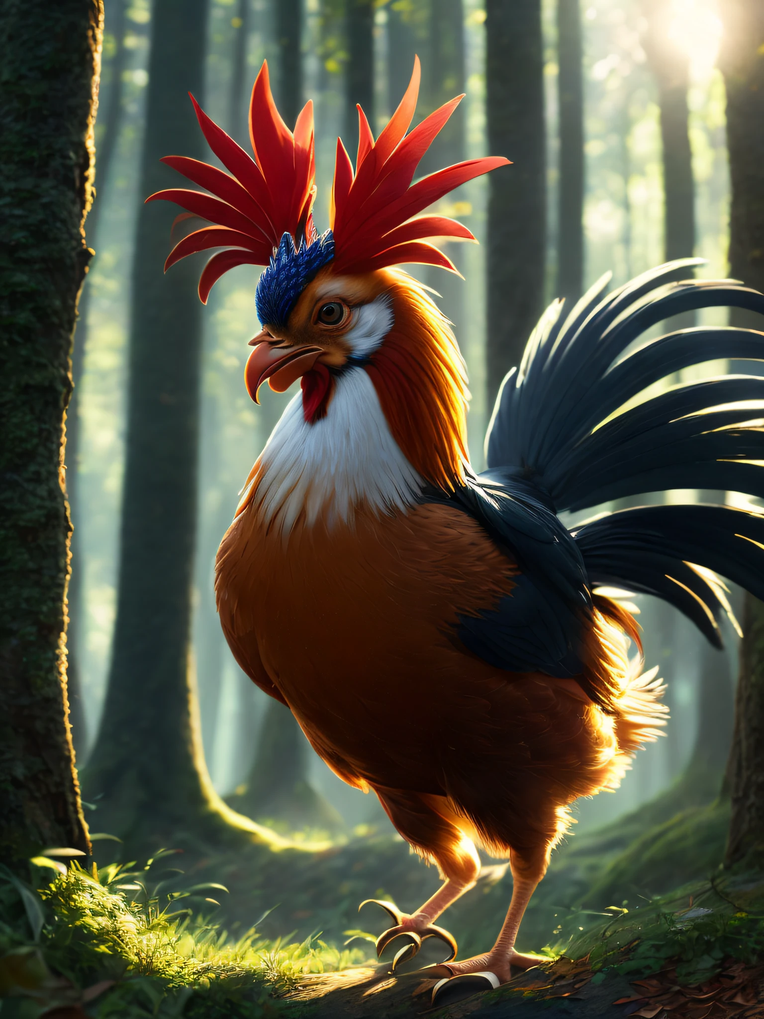 Close-up of a very cute jumping rooster in the forest, soft volumetric light, (backlight: 1.3), (movie: 1.2), intricate details, (ArtStation: 1.3), Rutkowski