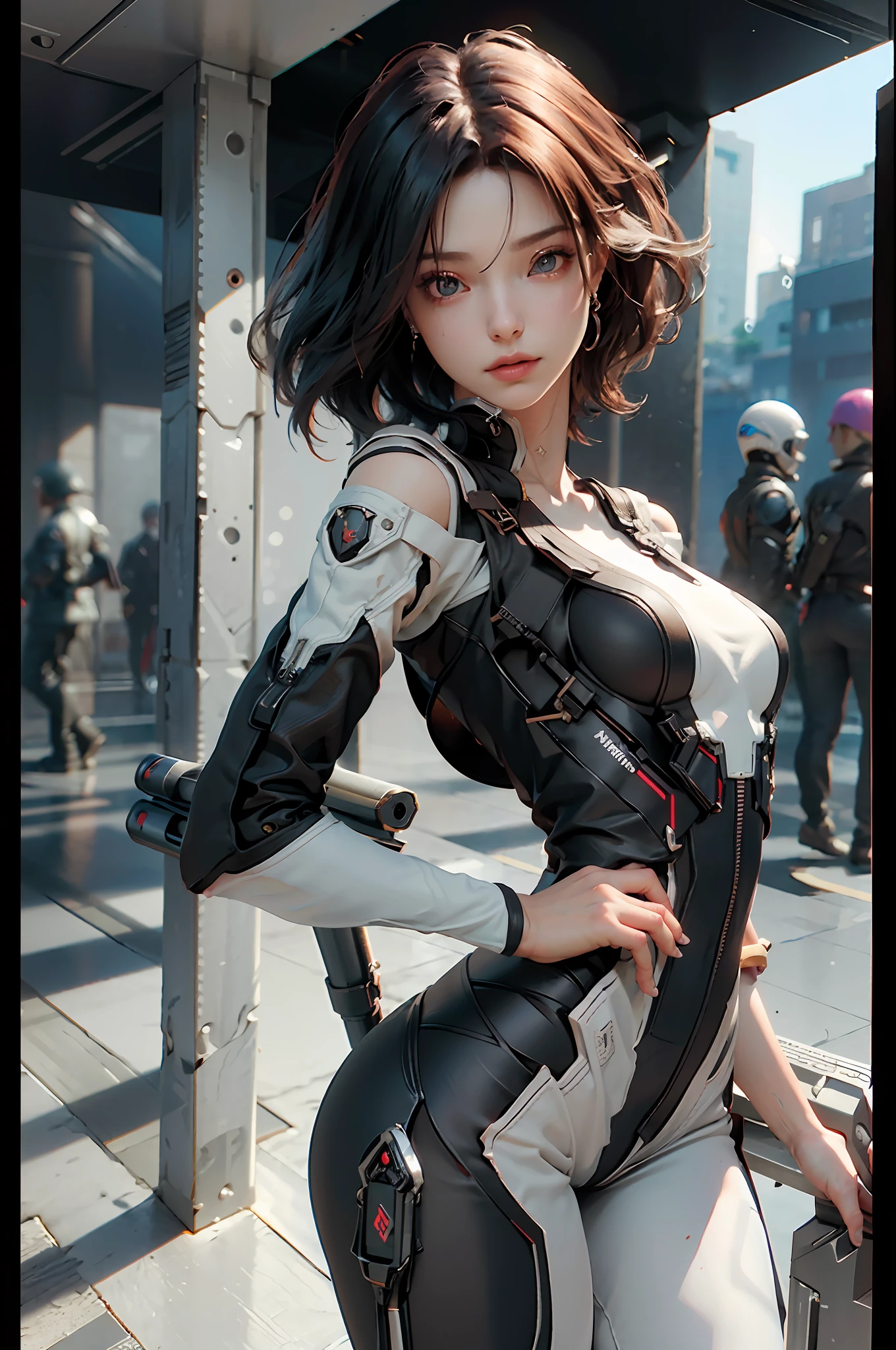 (Best Quality)), ((Masterpiece)), (Detail: 1.4), 3D, Cyberpunk Style, ((Face Up)), Perfect Face, ((Face Close-up)), Perfect Fingers, Perfect Body, A Beautiful Cyberpunk Female Image Facing Up, (Standing), Action Pose, (Small Breast: 1.3), Short Hair, (Tight Clothing), (Thighs), HDR (High Dynamic Range), Ray Tracing, NVIDIA RTX, Super-Resolution, Unreal 5, Subsurface Scattering, PBR Textures, Post Processing, Anisotropy Filtering, Depth of Field, Maximum Clarity and Sharpness, Multi-layer Textures, Albedo and Highlight Mapping, Surface Shading, Accurate Simulation of Light-Material Interactions, Perfect Proportions, Octane Render, Two-Color Light, Large Aperture, Low ISO, White Balance, Rule of Thirds, 8K RAW,
