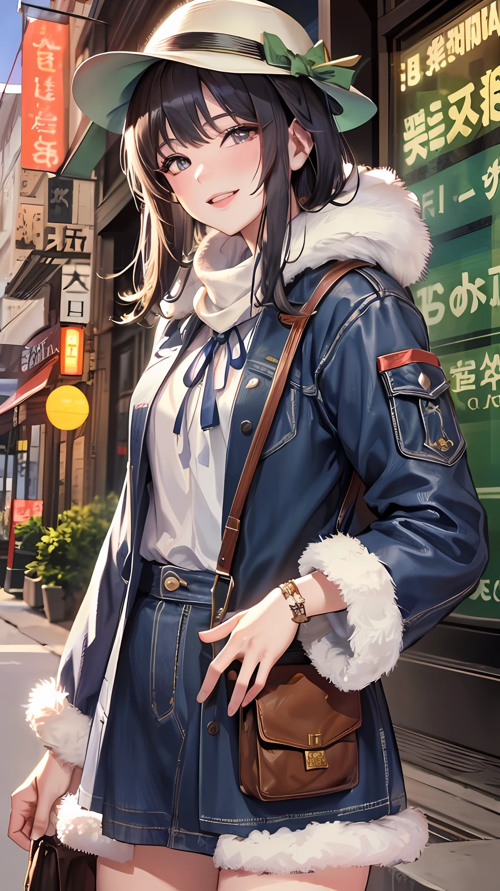 (morning), 1girl, 独奏, 看着观众, winter, cowboy shot, (downtown), cowboy shot, smile, black hair