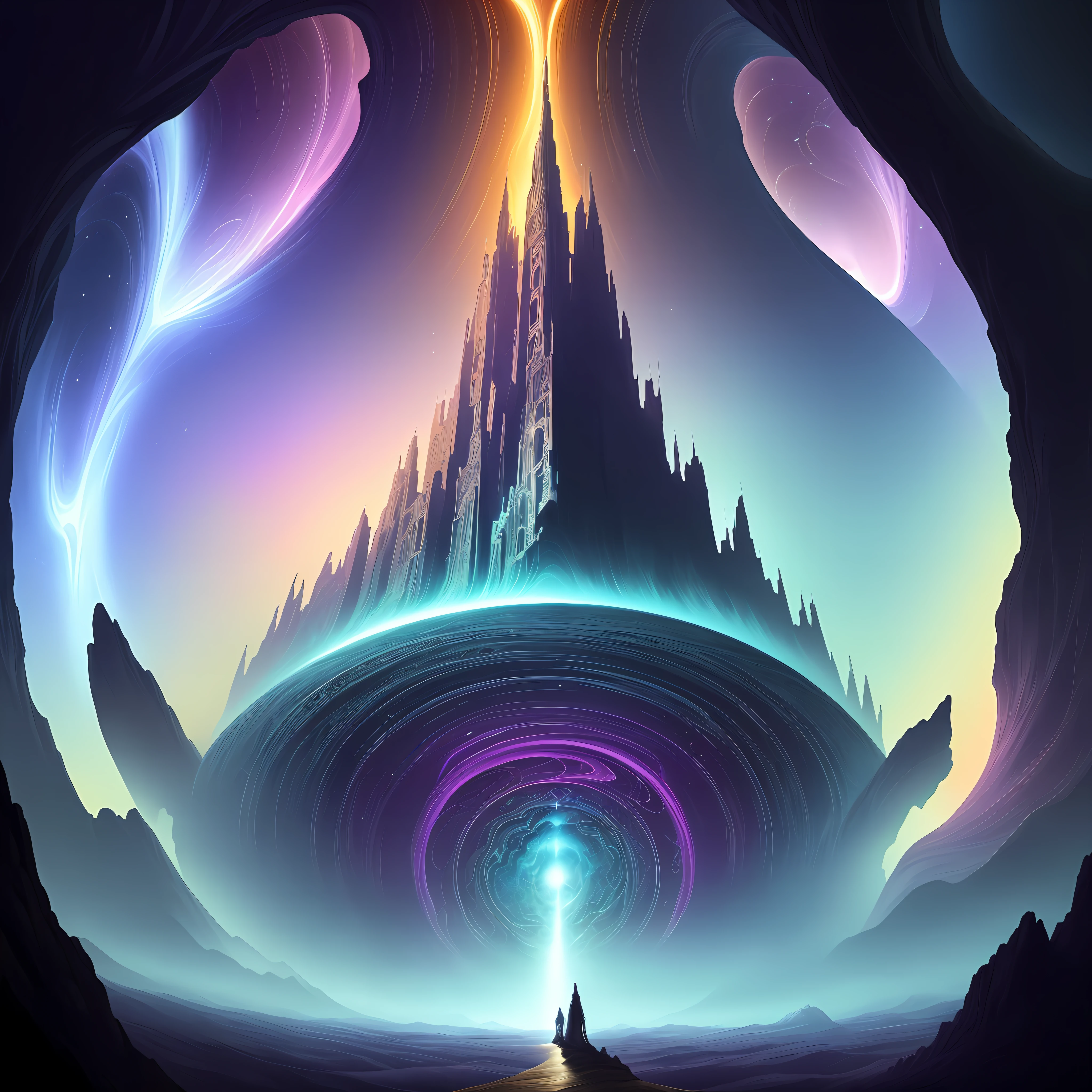 Create a mind-bending masterpiece. The artwork should be wildly imaginative and visually stunning, with bold linework and electric colors that pop off the page. The composition should be multidimensional shading and subtle coloring that create a dreamy, otherworldly atmosphere. The landscape should be surreal and fantastical, with intricate patterns and surreal twists that make the viewer question reality. The overall effect should be thought-provoking and engaging, with a captivating narrative that takes the viewer on a journey into a fantastical realm of the imagination. 64k resolution.