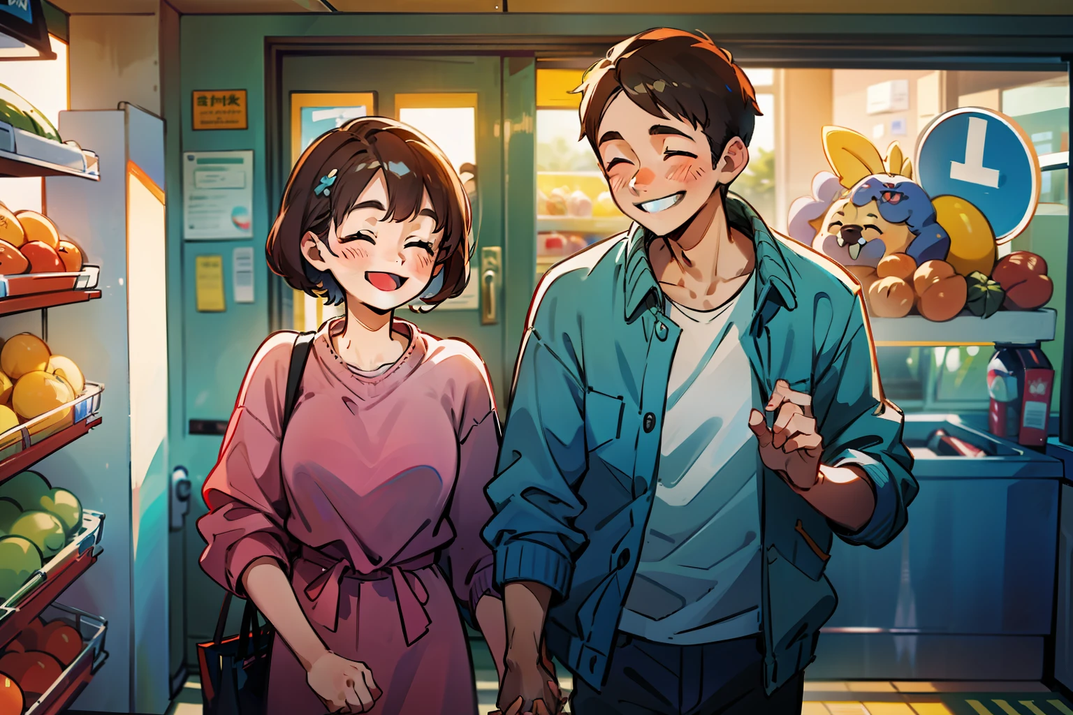 A young couple, holding hands standing at the door of the supermarket, smiling, close-up, upper half deep, the best picture quality,