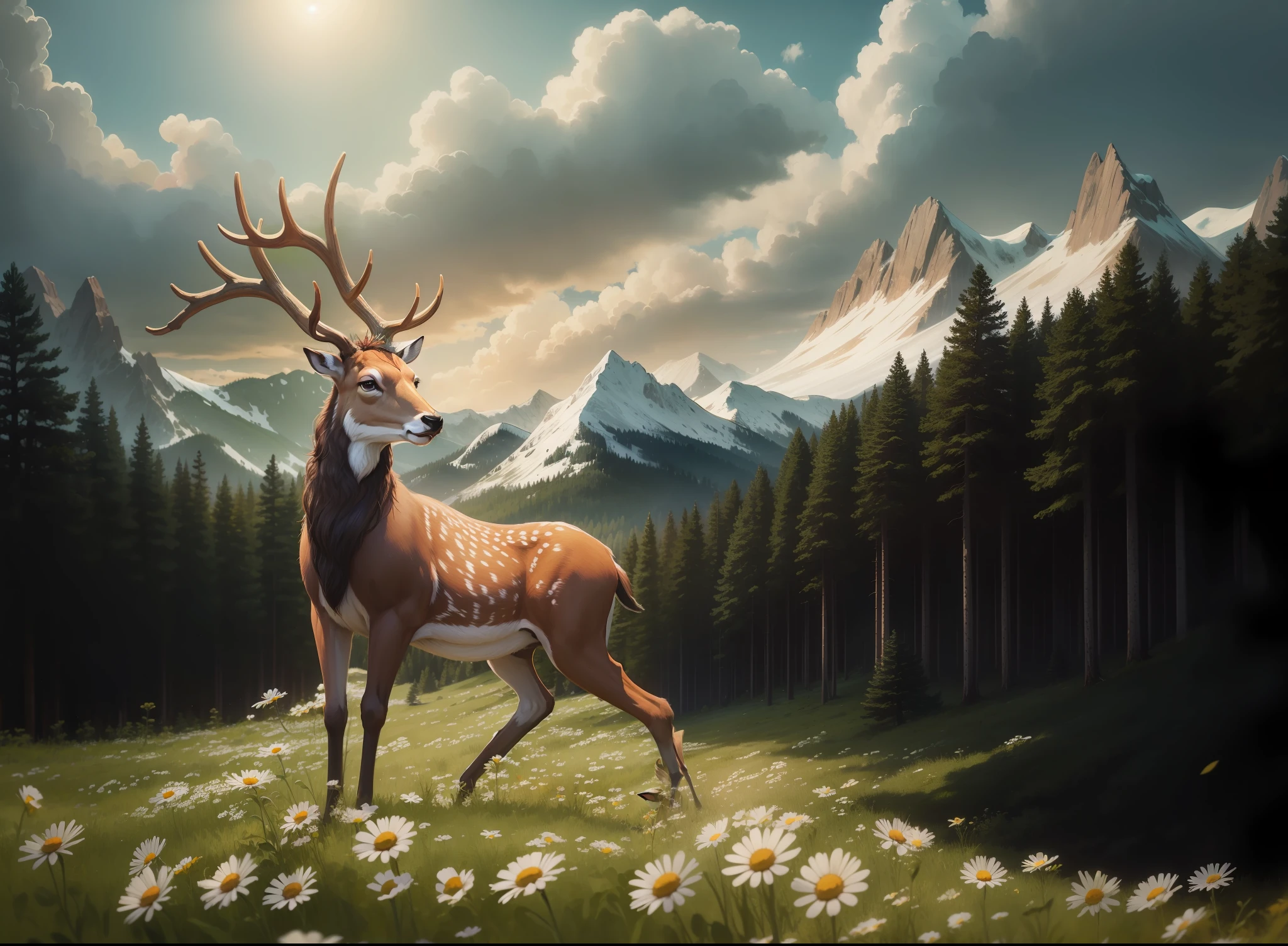 Male Deer, stands in a field of daisies, against the background of a forest of pines, mountains, pine forest --auto --s2