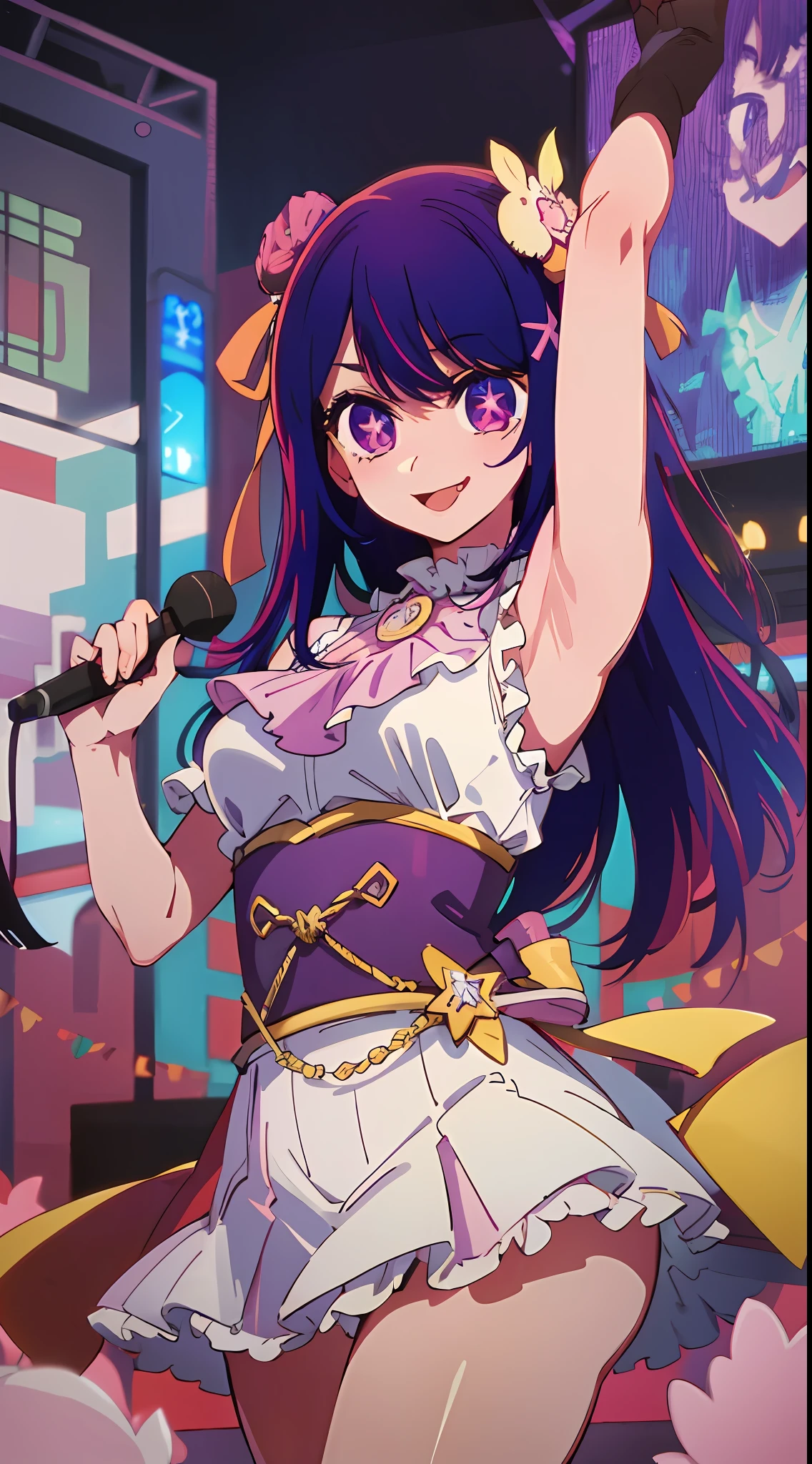 HshinoAi,gloves, tongue out, tongue, long hair, star \(symbol\), looking at viewer, (purple hair:1.2), purple eyes, upper body, hair ornament, frills, pink shirt, smile, sleeveless, shirt, idol, symbol-shaped pupils, hands up, bangs, one side up, star-shaped pupils, arms up, dress pull,Roaring Twenties, isometric, cliff, 1girl, (Rembrandt), illustration, (best quality), (ultra_detailed), finely detail, (Depth of field), peace sign, highest quality, high resolution. dynamic, shout, kiss, hustle, striking eyes, confident lol, overhead view, high resolution, profoto, stage, flash, 1girl, solo, Japanese manga idol singer, upper body, standing microphone,