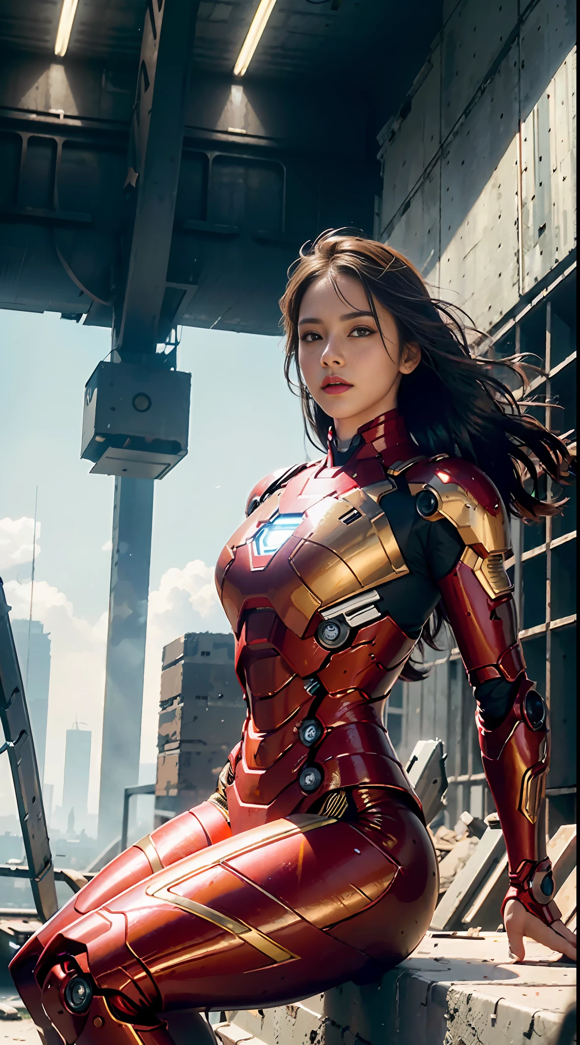 RAW, Masterpiece, Ultra Fine Photo,, Best Quality, Ultra High Resolution, Photorealistic, Sunlight, Full Body Portrait, Stunningly Beautiful,, Dynamic Poses, Delicate Face, Vibrant Eyes, (Side View) , she is wearing a futuristic Iron Man mech, red and gold color scheme, highly detailed abandoned warehouse background, detailed face, detailed and complex busy background, messy, gorgeous, milky white, high detailed skin, realistic skin details, visible pores , sharp focus, volumetric fog, 8k uhd, dslr camera, high quality, film grain, fair skin, photorealism, lomography, sprawling metropolis in futuristic dystopia, view from below, translucent