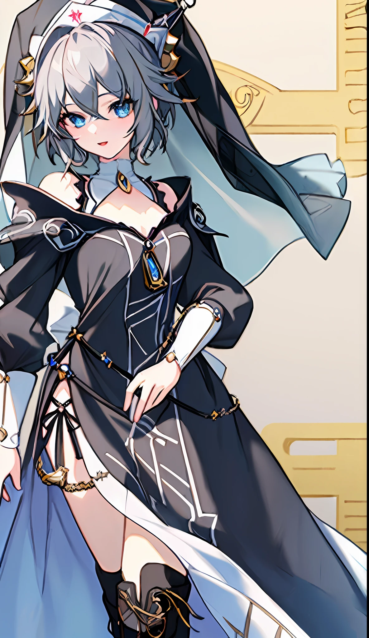 18-year-old beautiful girl, ((((Masterpiece)))), (((Best quality)))), (((Very detailed))), detailed fingers, precise fingers, not unnatural hands, gold hair ornament, white sister hat, illustration, black sister veil, black knee-high boots, black monastic dress, NIA, royal elegant pose
