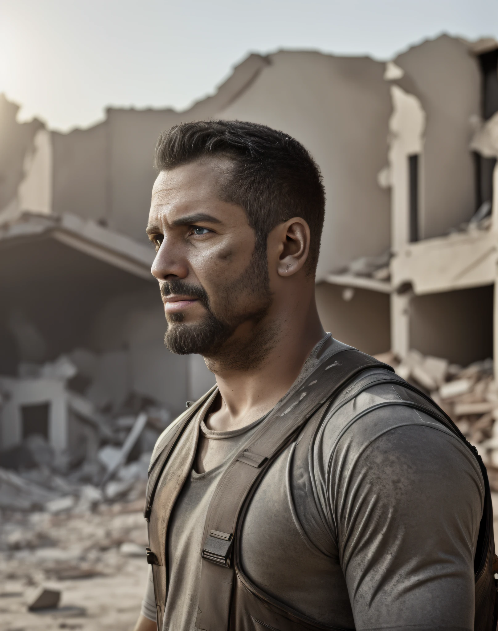 (1 American man), (bust), side-looking, face dusty and painted, gray tones, (muscle), octane rendering, depth of field, collapsed houses and ruins in the background, ruins, intricate background, picture with raised dust, Tyndall light, sunlight, natural light, ray tracing, wearing bulletproof vest,