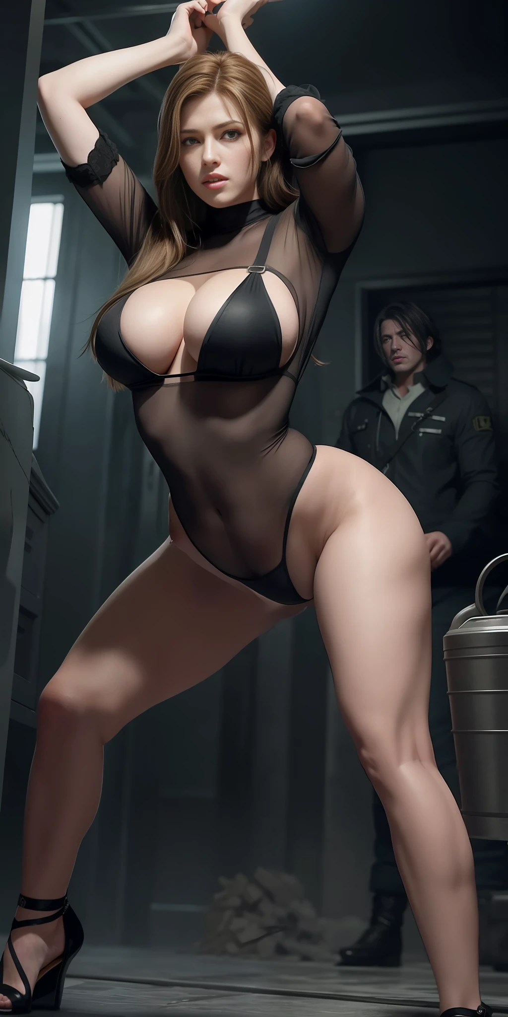 King Ida in Resident Evil, with long hair, (super huge exaggerated breast breasts), (the action of King Ida bending down to pick up things), wearing completely transparent jumpsuits