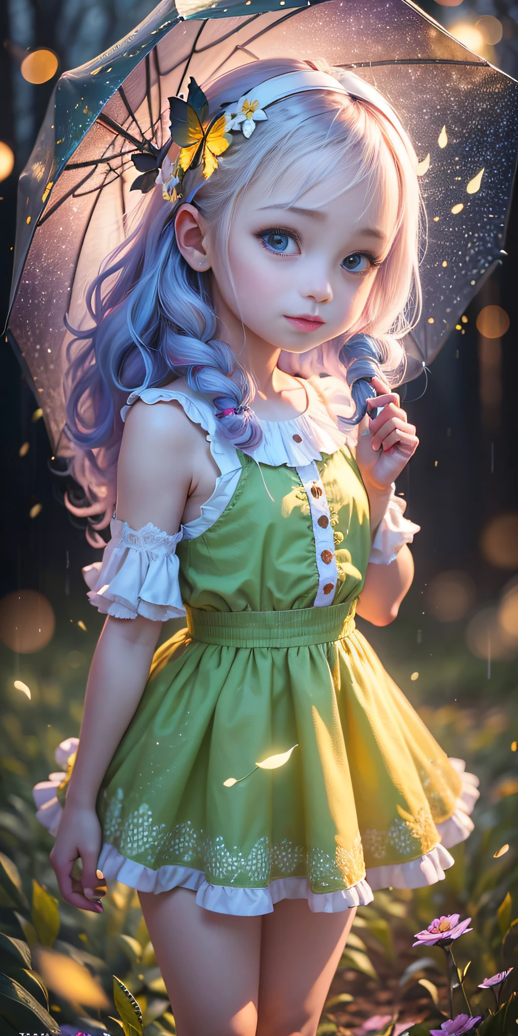 (1girl:1.3), Solo, (((Very detailed face)))), ((Very detailed eyes and face)))), Beautiful detail eyes, Body parts__, Official art, Unified 8k wallpaper, Super detailed, beautiful and beautiful, beautiful, masterpiece, best quality, original, masterpiece, super fine photo, best quality, super high resolution, realistic realism, sunlight, full body portrait, amazing beauty, dynamic pose, delicate face, vibrant eyes, (from the front), She wears cute frock, very detailed forest, grass ground, detailed face, detailed forest background, messy, gorgeous, milky white, highly detailed skin, realistic skin details, visible pores, clear focus, volumetric fog, 8k uhd, DSLR, high quality, film grain, fair skin, photo realism, lomography, futuristic dystopian megalopolis, translucent,real ???, human, raining, cute colorful umbrella, blurry foreground, wide shot, bokeh, cinematic lighting, Mannerism, textured skin, UHD, masterpiece, retina, highres, award winning, best quality, high details, super detail, Night time, night light. a Chibi from Sky: Children of Light, vibrant warm smile, white nice teeth, long strand rainbow color hair, featuring vibrant colors and whimsical details, evoking a sense of wonder and magic. The color temperature is cool, very dark nighttime, standing in a herd of glowing beautiful fireflies that are lighting her up, while the Chibi wears a joyful expression. Soft lighting accentuates the character's charm and innocence. --v 5 --stylize 1000, fireflies, dynamic lighting, park, flowers, green grass, raining, cute frock, glowing particles, glowing fireflies, dreamlike, dreamworks , magical world, --auto --s2