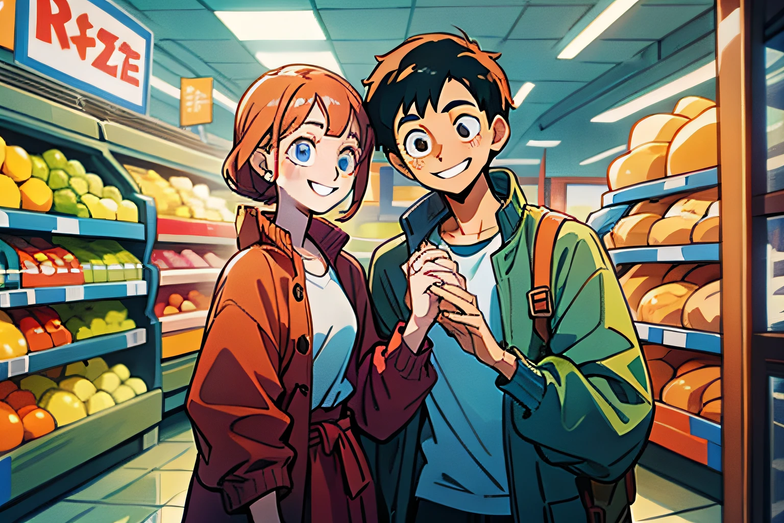 A young couple, holding hands standing at the door of the supermarket, smiling, close-up, upper half deep, the best picture quality,