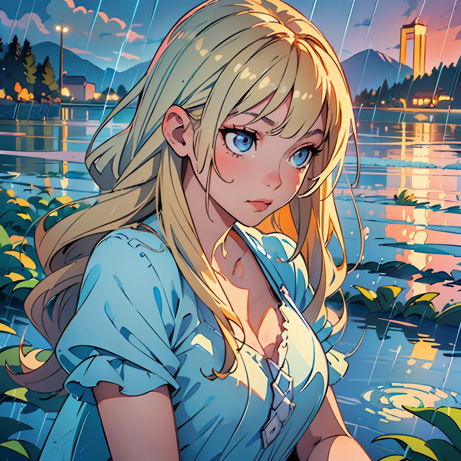 (artwork+masterpiece+artwork:1.5)0.7], (best quality, performance, illustration, lighting)0.7], (studio lighting, from romantic film), (1girl) long blonde hair with bangs, eyes pearly blues shimmering bright with emotion, fair skin, wearing a pretty  blue dress, (lake scenery in rainy weather), (gothic lighting)