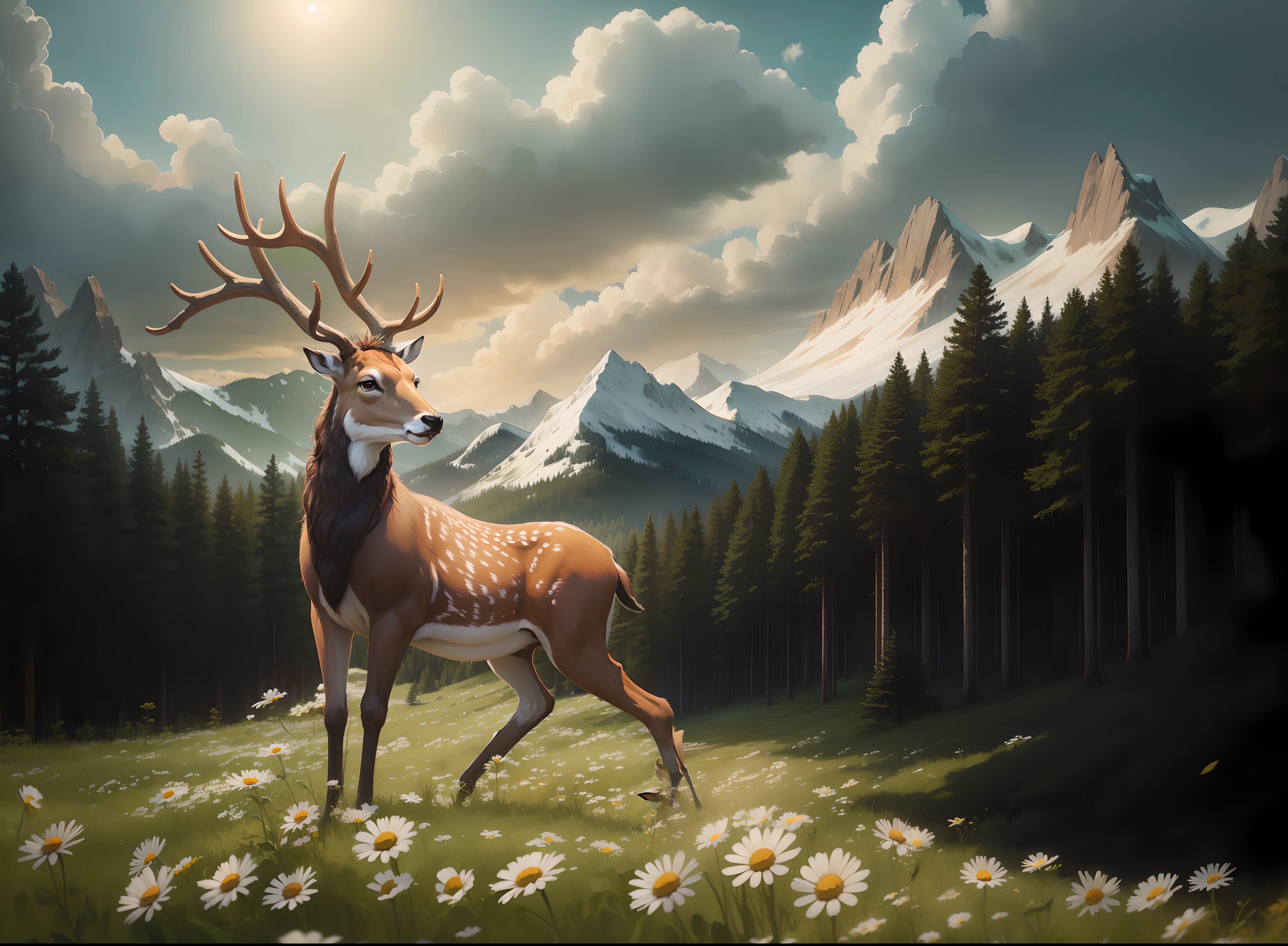 Male Deer, stands in a field of daisies, against the background of a forest of pines, mountains, pine forest --auto --s2