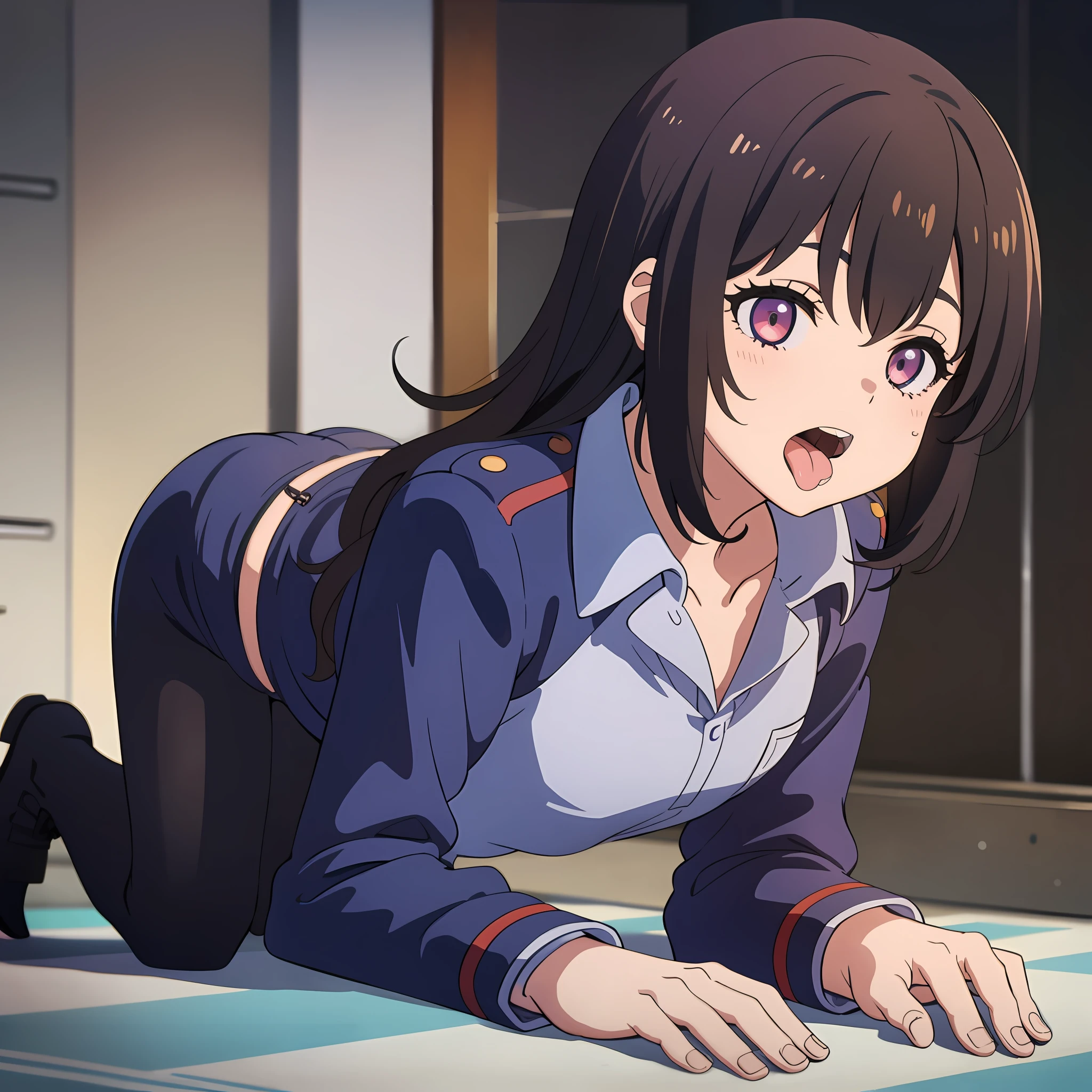 on all fours, girl, uniform, tongue out, drooling, collar, alone,