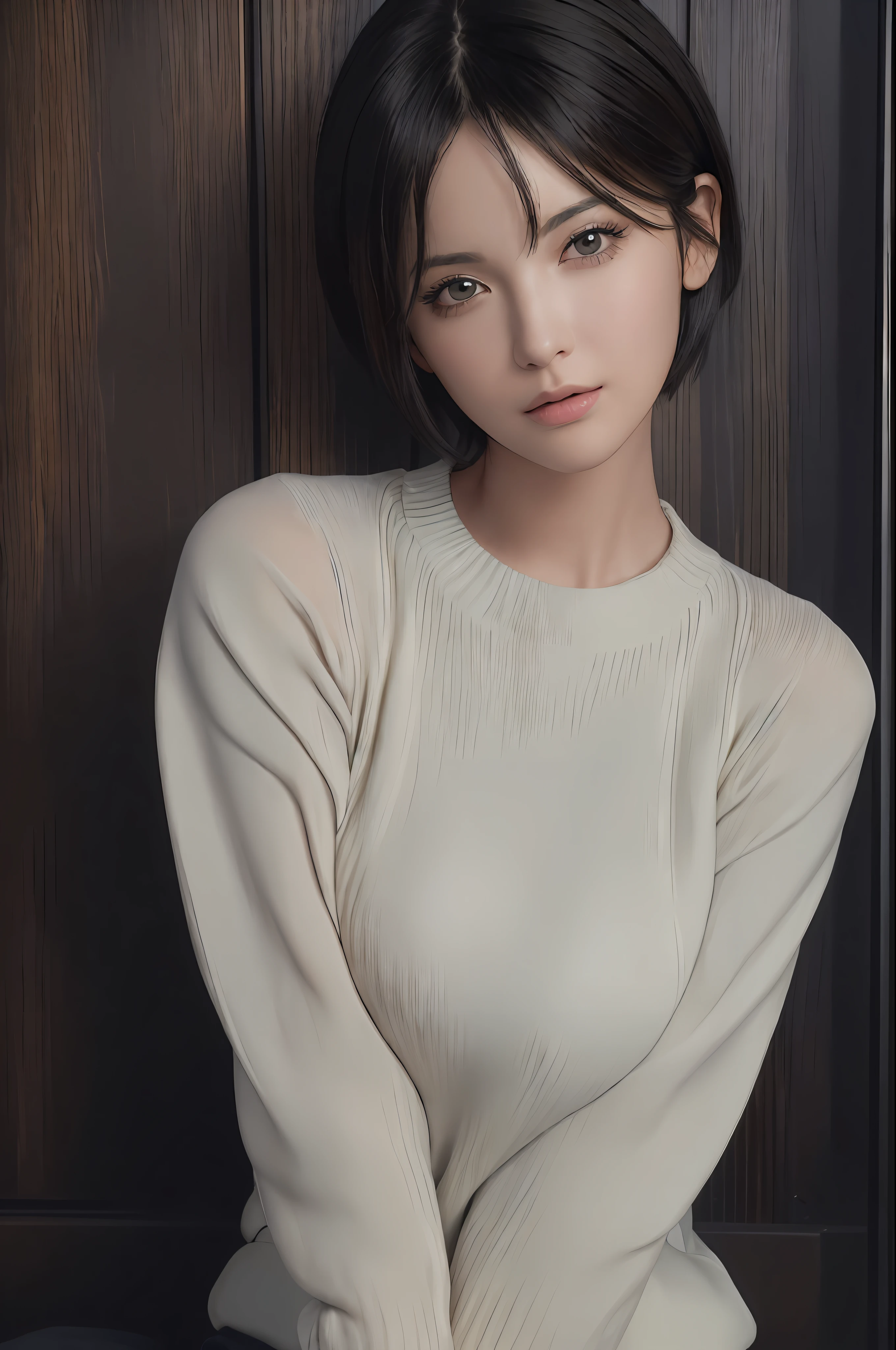 (masterpiece:1.3), (8k, photorealistic, RAW photo, best quality: 1.4), (1girl), beautiful face, (realistic face), (black hair, short hair:1.3), beautiful hairstyle, realistic eyes, beautiful detailed eyes, (realistic skin), beautiful skin, (sweater), absurdres, attractive, ultra high res, ultra realistic, highly detailed, golden ratio