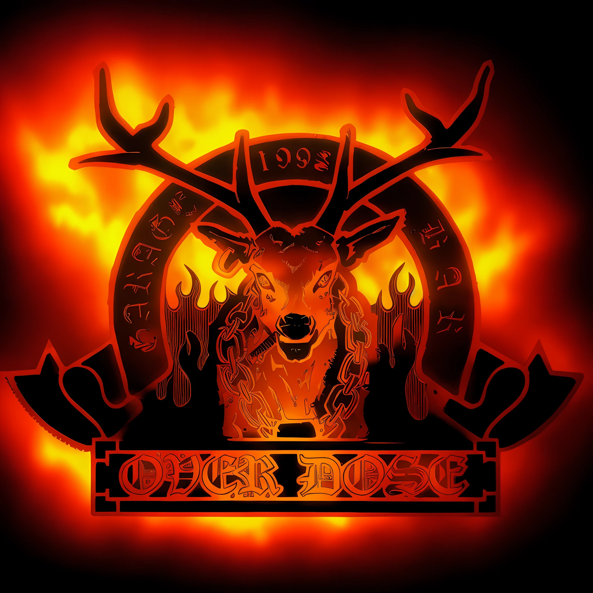 a close up of a deer head with flames on it, black metal logos, orthodox symbolism diesel punk, black metal band logo, derse, stylized cyberpunk minotaur logo, overdose, black metal band font, celtic neon runes, logo art, 1980s metal artwork, ogre, chriss foss, doe, \'obey\', horned god