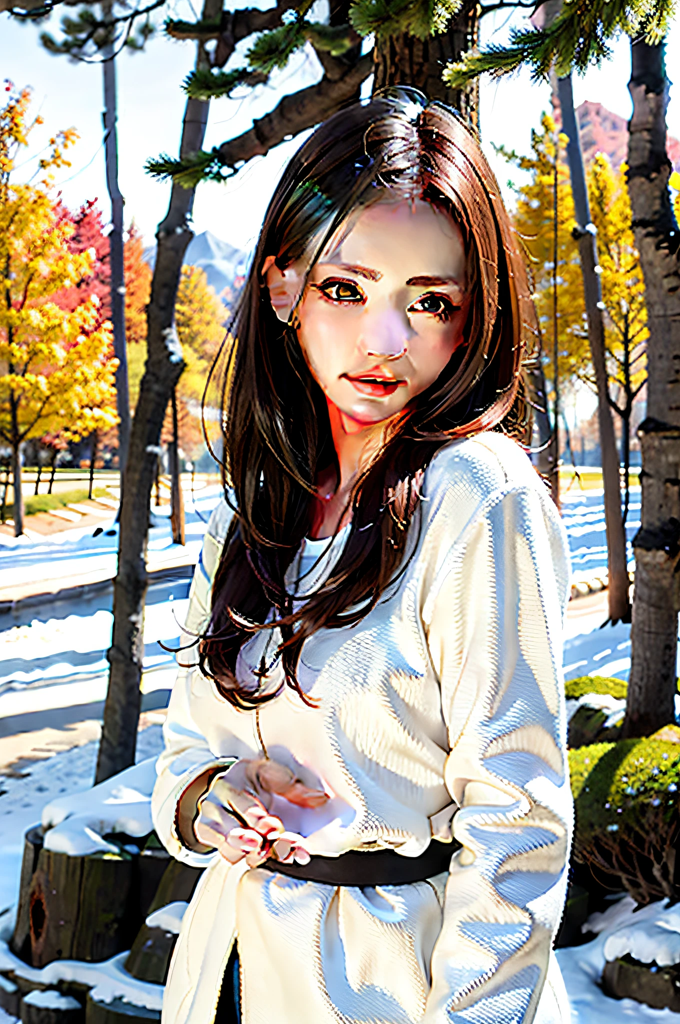 a lovely painting of a girl in the forest with light snow falling,