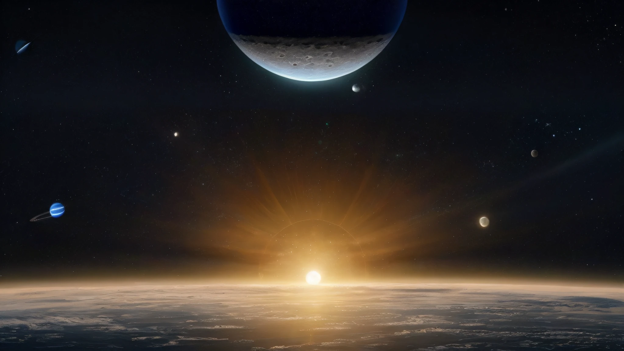 arafed view of a planet with a moon and a star in the background, sunset on distant machine planet, planet in space over the horizon, ringed planet in the sky, planet with rings, interstellar space setting, with two suns in the sky, ocean on alien planet titan, large planets in the background, photo of a dyson sphere, background in space, spaceengine