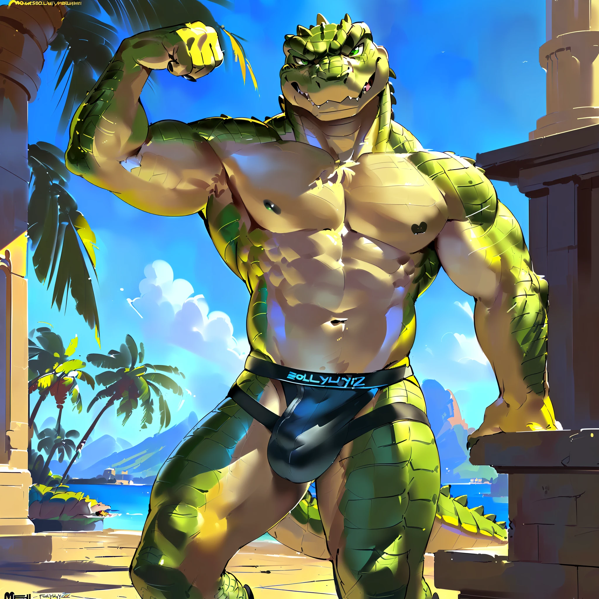 (masterpiece, best quality, high quality, highres:1.4), detailed, extremely detailed, ambient soft lighting, 4K, by (by Pino Daeni, (by ruaidri), yupa, kiyosan,(by meesh), (by sollyz) (by fffffolder)), (cuban crocodile: ( slim_hunk, athletic, crocodile, yellow body, scales, athletic muscle, anthro legs, (crocodile feet) (((solo))), (long snout), (toe claw), green eyes, (detailed eyes), crocodile tail, bare_shoulders, (((no clothing))), (((black jockstrap))), (((flexing))), looking at viewer, submissive, (((angry_face))), tag:1boy)) ,(((bedroom)))