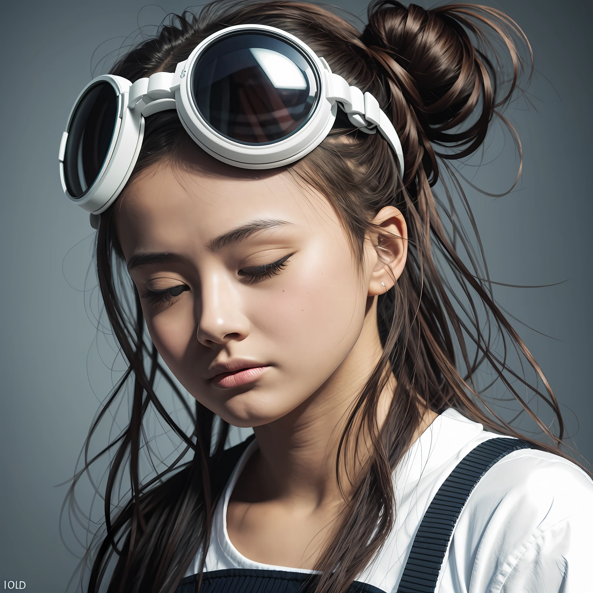 1girl, White shirt, doughnut hair bun, goggles on headwear, one eye closed, hollow eyes, bright pupils, puckered lips, Hyperrealism, film grain, character chart, first-person view, Ultra-Wide Angle, f/1.2, Sony FE GM, anatomically correct, best quality, highres, award winning, super detail, textured skin --auto --s2